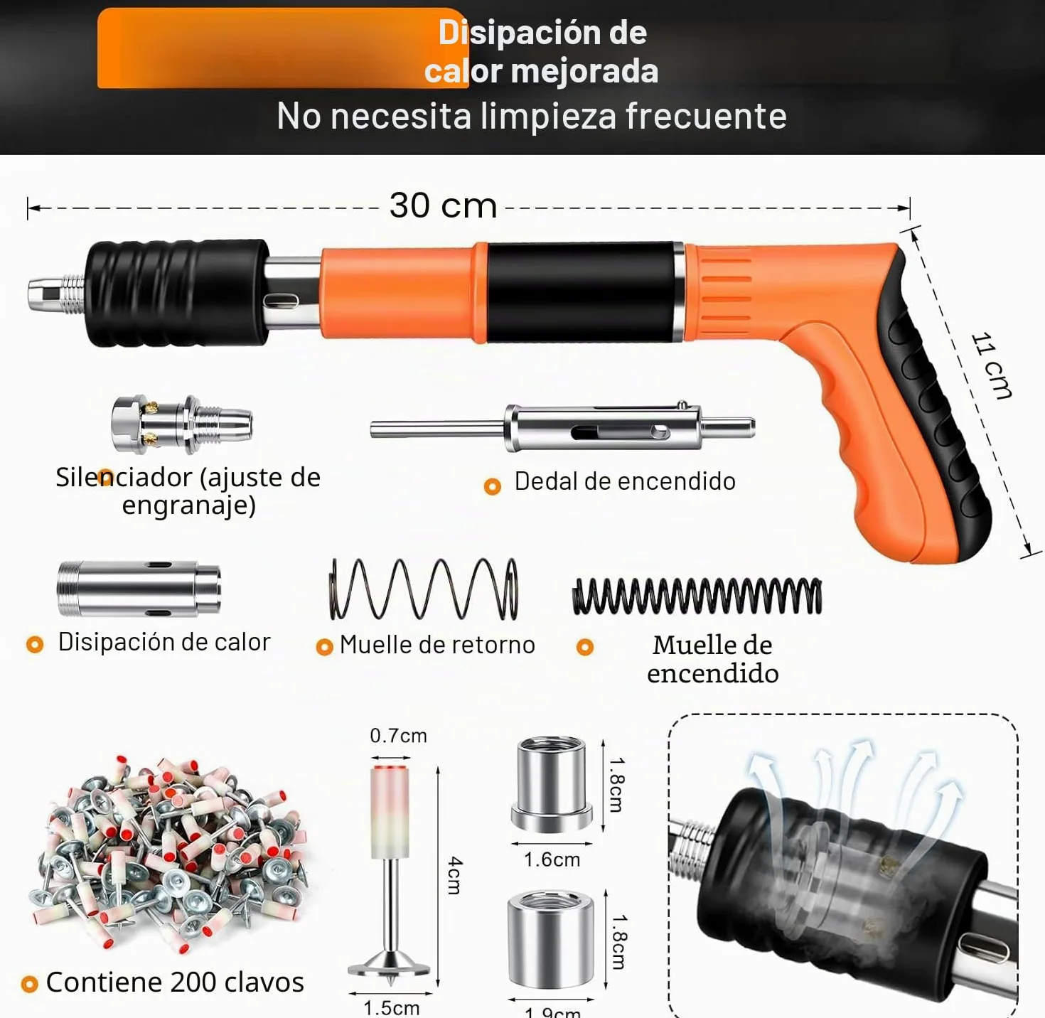 Clavadora de hormigón, clavadora de remache, pistola de clavos portátil con 200 clavos redondos, pistola manual con 5 niveles ajustables, para paredes de hormigón (Naranja)