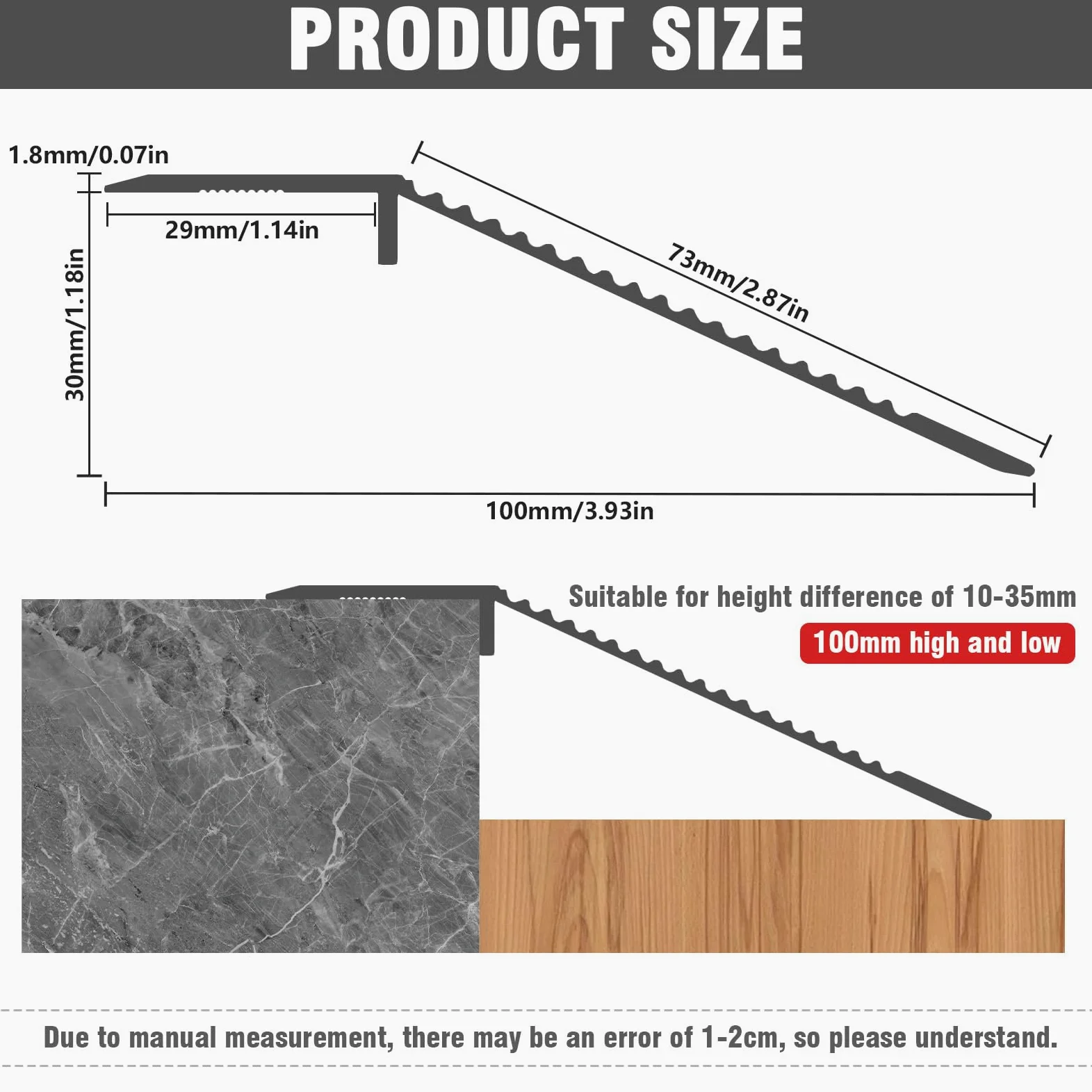 Perfil de transición de nivelación de altura, 0,9 m x 10 cm, riel de transición de aluminio, perfil de transición autoadhesivo, compensación de altura 10-35 mm, adecuado para umbrales de apertura de