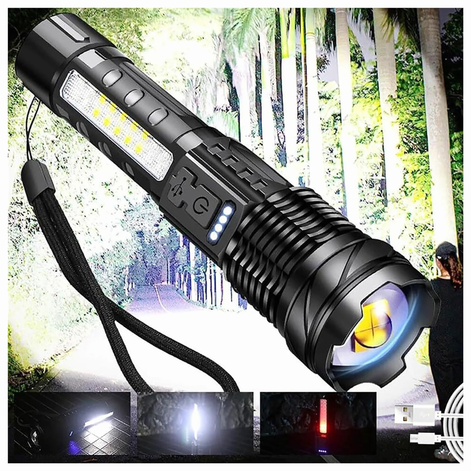 Outdoor Strong Light Flashlight USB Rechargeable 1500 Lumens, Earc Strong Flashlights High Lumens, Flash Lights for Camping, Waterproof, Zoomable(2 pc)