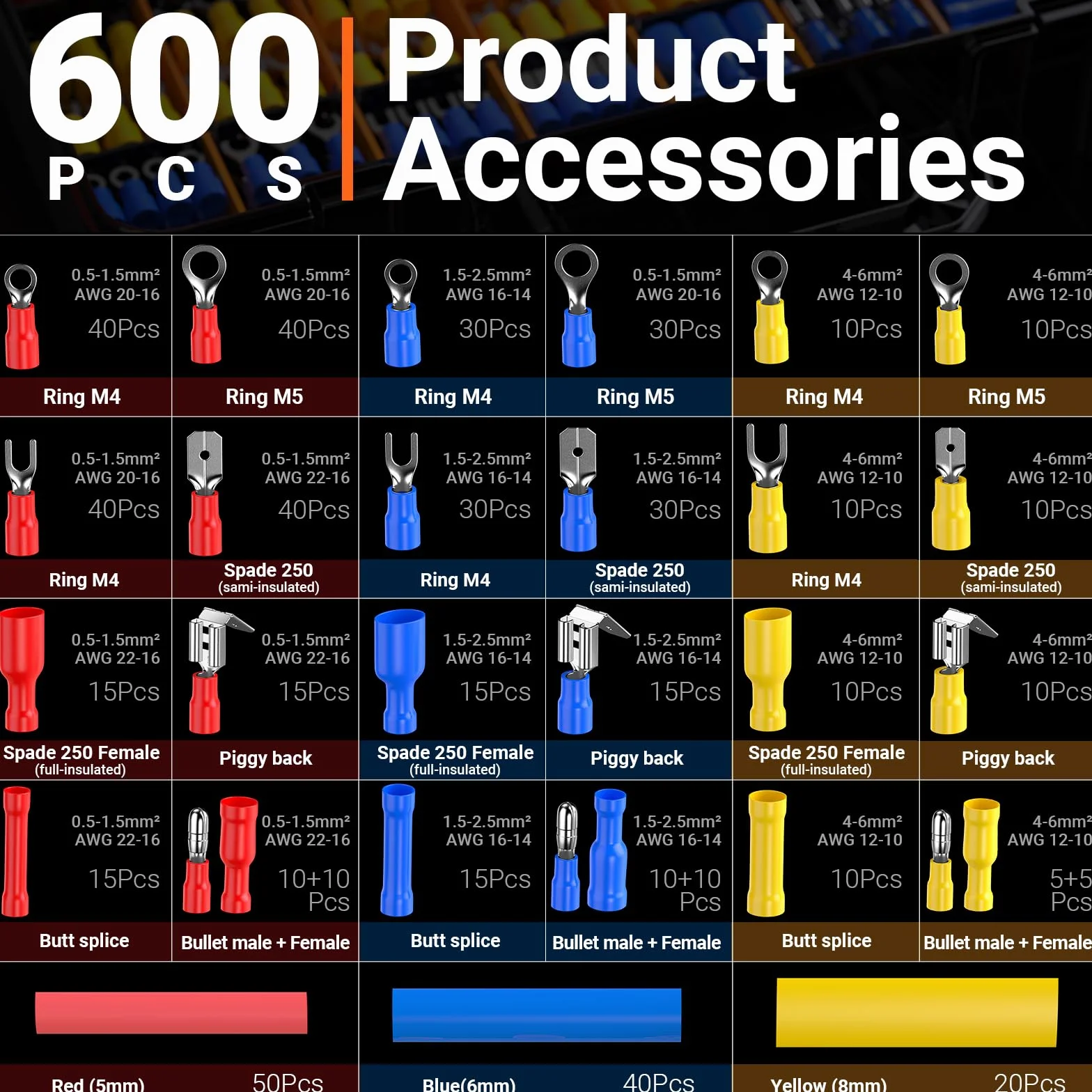 Set Alicates Terminales Electricos,600 Piezas (490 Conectores Aislados + 110 Tubos TermorretráCtiles),Terminales Faston,para Terminales EléCtricos - Grimpadora Cables Electricos 0,5-6 Mm²