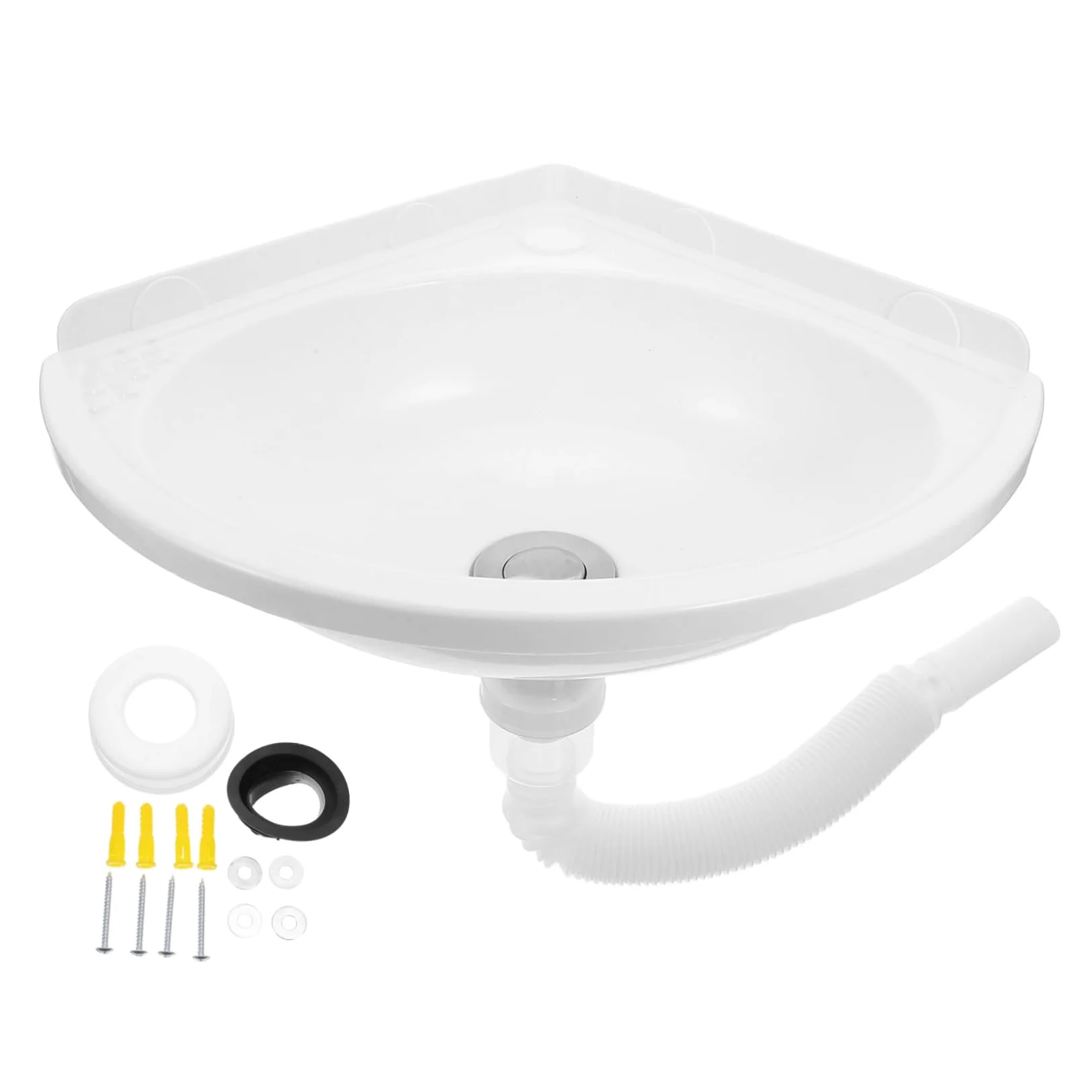 WOONEKY Lavabo de Baño Suspendido de Esquina Triangular en Plástico y Acero Inoxidable, Diseño Moderno para Optimización de Espacio y Fácil Mantenimiento en Baños Pequeños
