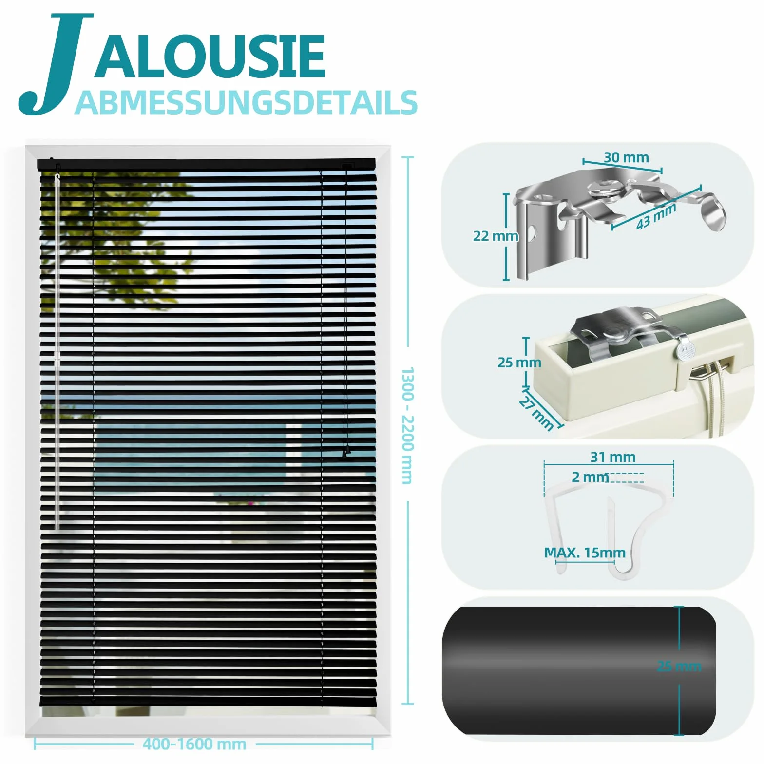 Sekey Klemmfix - Persiana para Ventanas sin Agujeros, láminas de Aluminio de 25 mm, con taladrar, Incluye Material de Montaje, persiana de Aluminio sin taladrar, 75 x 160 cm, Color Negro
