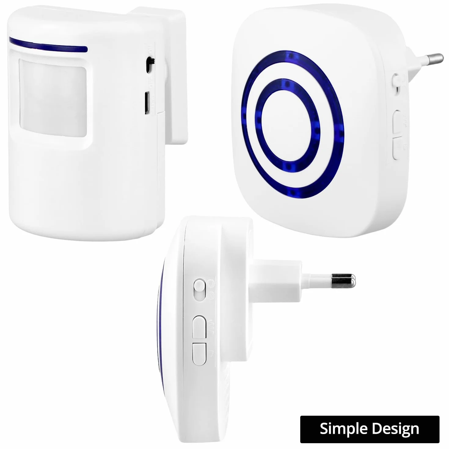 QWORK Detector de Presencia Inalámbrico con Sensor PIR, Timbre con 1 Receptor, 38 Tonos, 3 Niveles de Volumen, Rango 70m