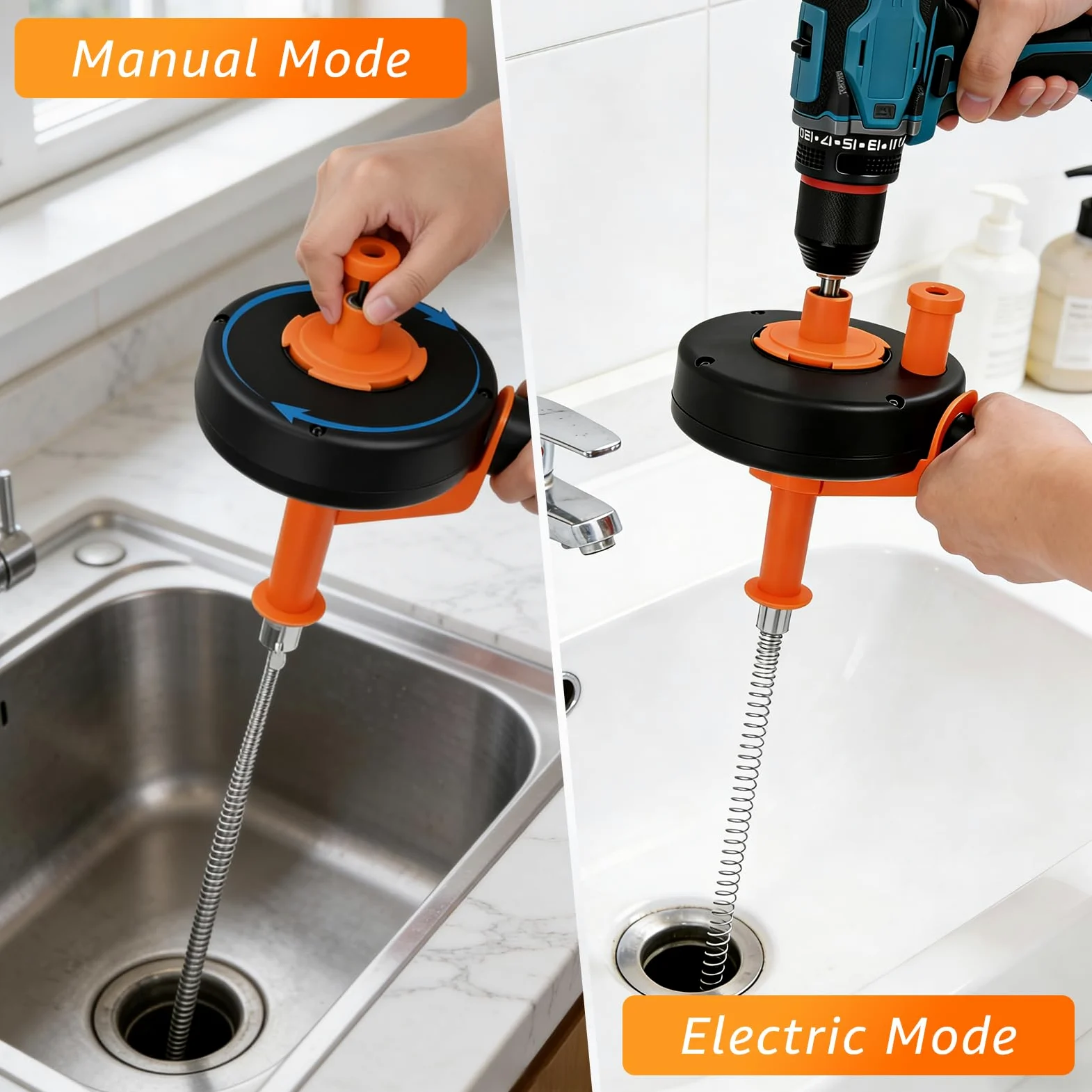 Espiral de limpieza de tuberías con accesorio de perforación de 13 m | Serpentín para Desatascos Ecológico, Ideal para Cocina y Baño – Cable de Acero al Manganeso, Empuñadura Antivibración
