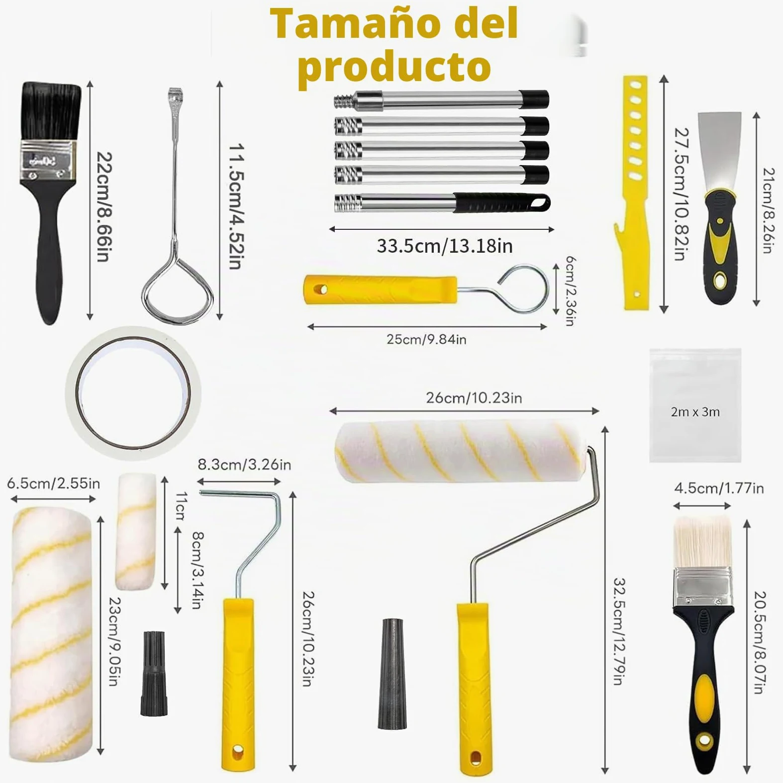 Kit de Pintura 17 Piezas – Rodillos 23 cm y 10 cm, Bandeja, Brochas, Barra Extensible 1,5 m – Set Profesional Antigoteo para Paredes y Techos