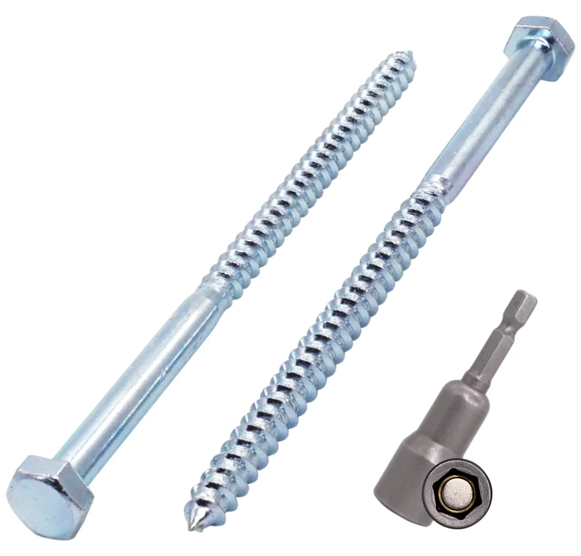 SKIR'CO (40 piezas) DIN 571 Tornillos hexagonales de acero galvanizado para madera M8 x 140 mm, tornillos de coach, tornillos hexagonales, pernos de retardo (con broca hexagonal magnética)