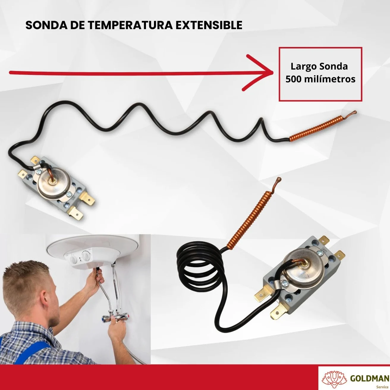 GOLDMAN SERVICE | Termostato de Seguridad para Termo Calentador de Agua Eléctrico Activación Automática a 93ºC | Bulbo Sonda 500mm | Fácil Rearme Manual