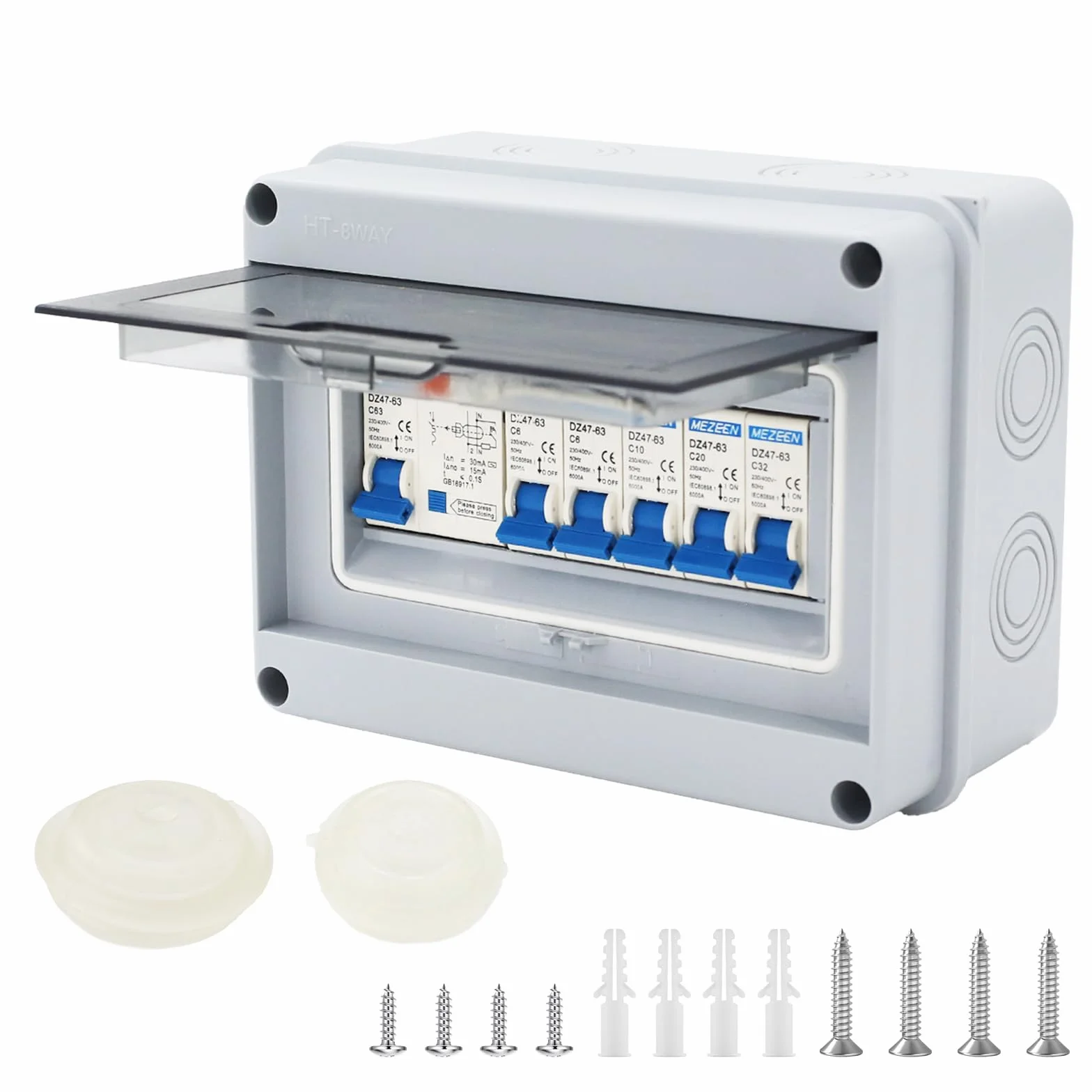 Caja de fusibles de superficie IP65 de 5 vías, 63 A, 30 mA, RCD 5MCB (2 × 1P6 A + 1P10 A + 1P20 A + 1P32 A) para autocaravanas, garajes y talleres (5 vías)