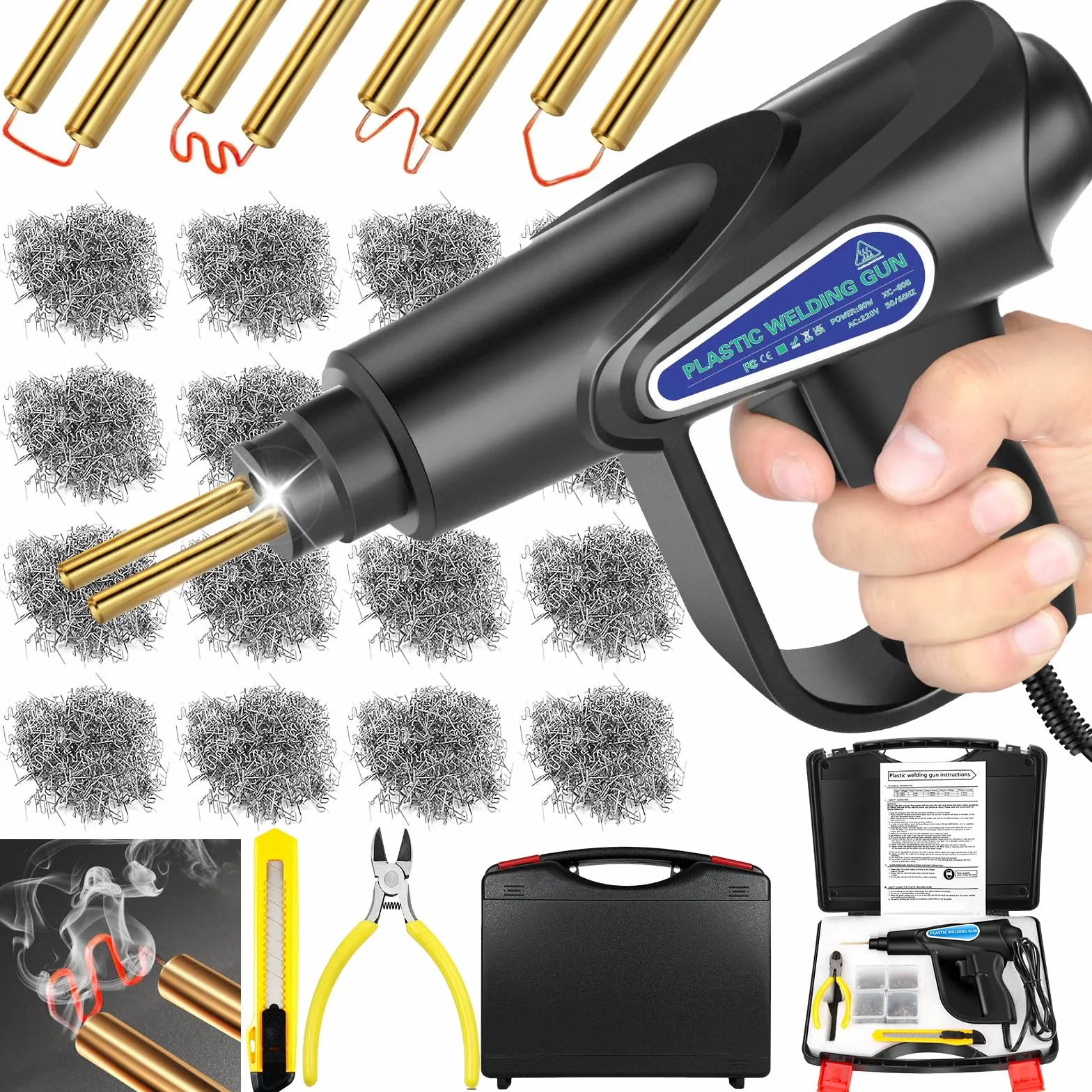 UCAMP Soldador de Plástico,Plástico Soldadura Máquina 80w,con 6 Tipos de clavos de soldadura 900pcs,parachoques de automóviles/piezas de automóviles/Plástico Soldadura Reparando Kit para piragüismo