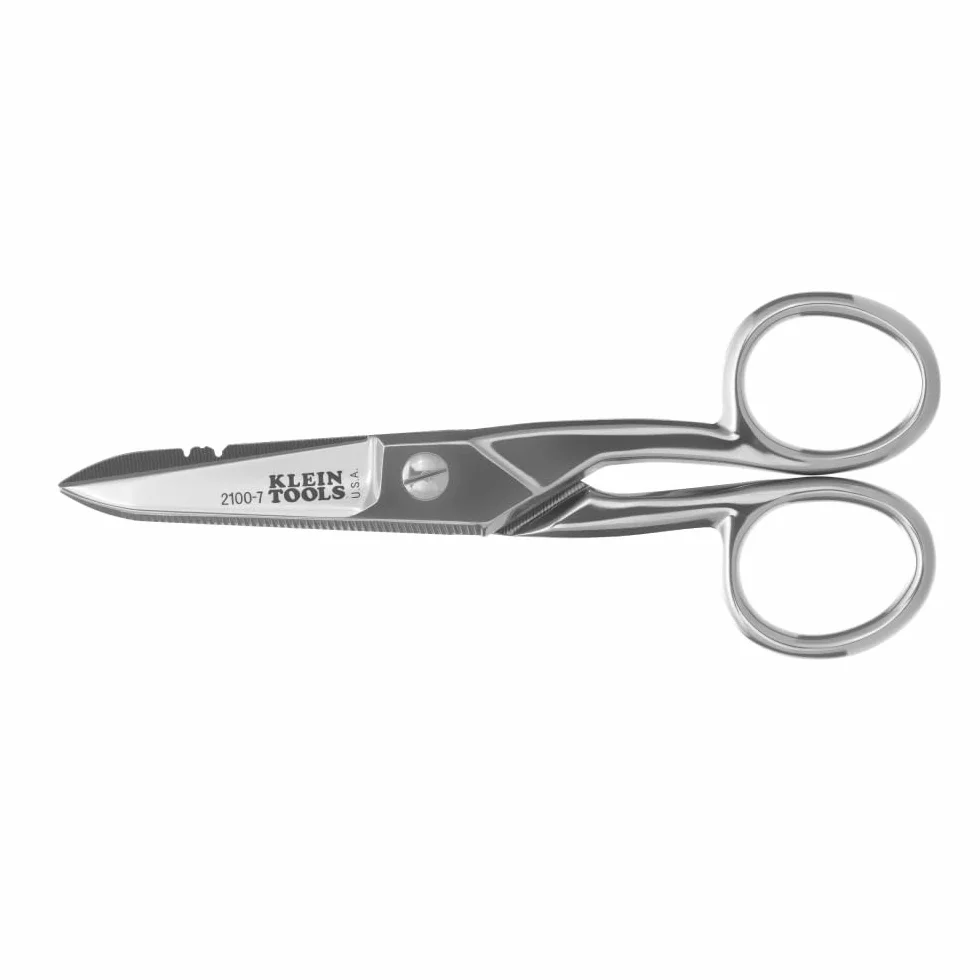 Klein Tools 2100-7 | Tijeras de electricista niqueladas | Muescas 0,91 y 0,26 mm² | Hoja dentada | Rascador y lima integrados | Acero resistente | 13,3 cm