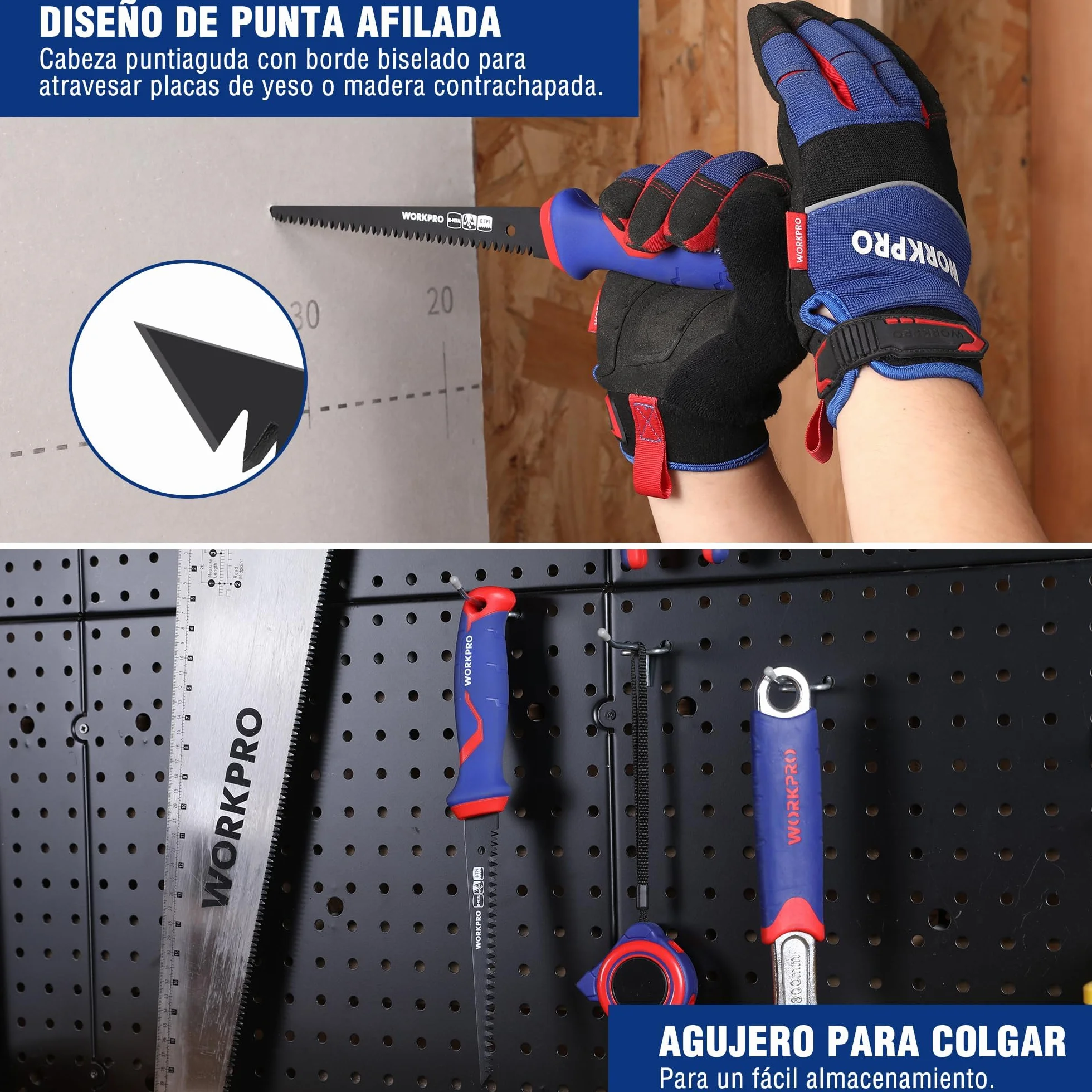 WORKPRO Sierra Bimetálica 310mm, Hoja D6A+M2 de 8 TPI, Agujero de Colgar, Ideal para Cortar Yeso, Madera y PVC, Paneles Finos