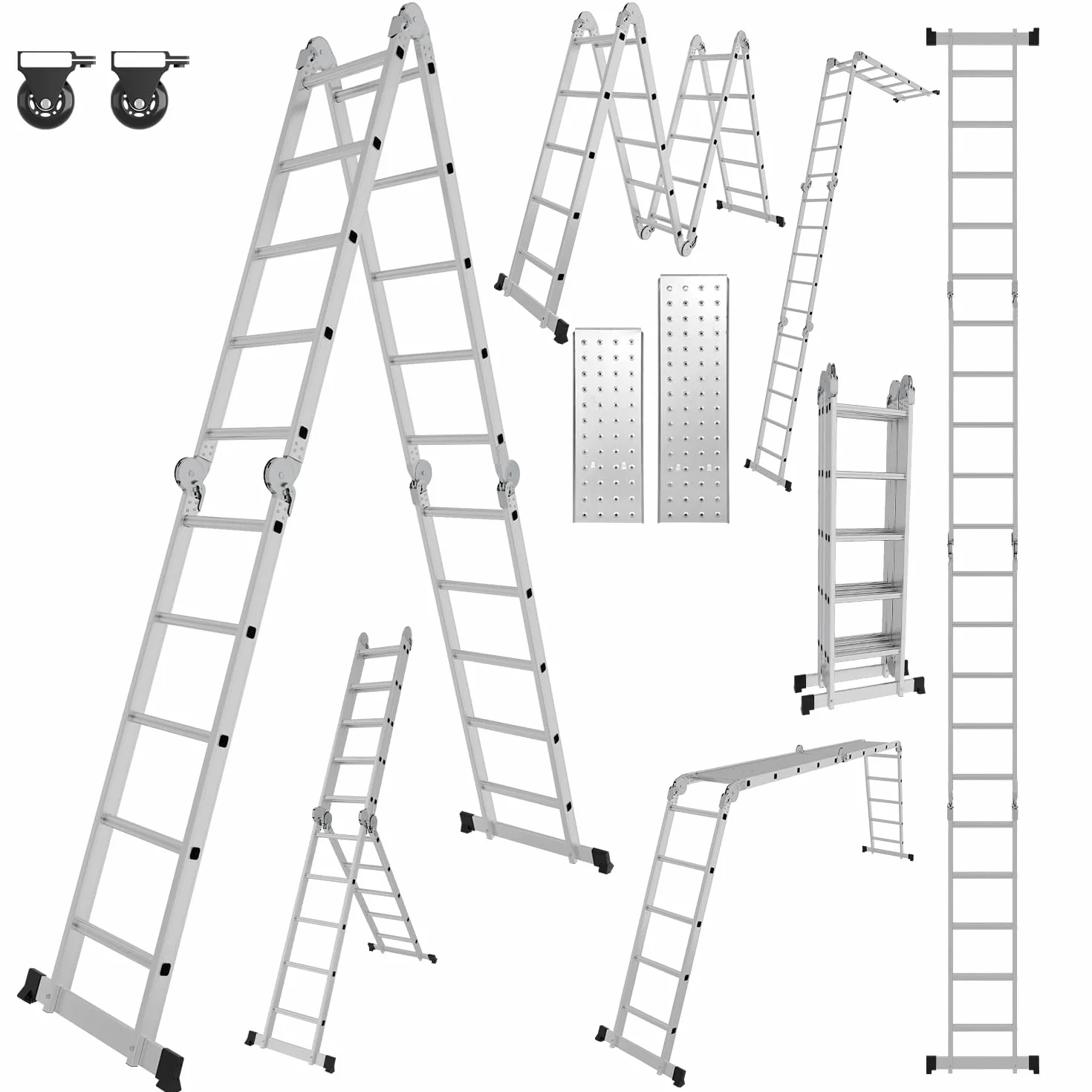 Escalera Multifunción de Aluminio 7 en 1 - 5,82 m, 4 x 5 Peldaños, 2 Placas de Andamios, 2 Ruedas - Plegable, de Trabajo, Doméstica - Hasta 150 kg