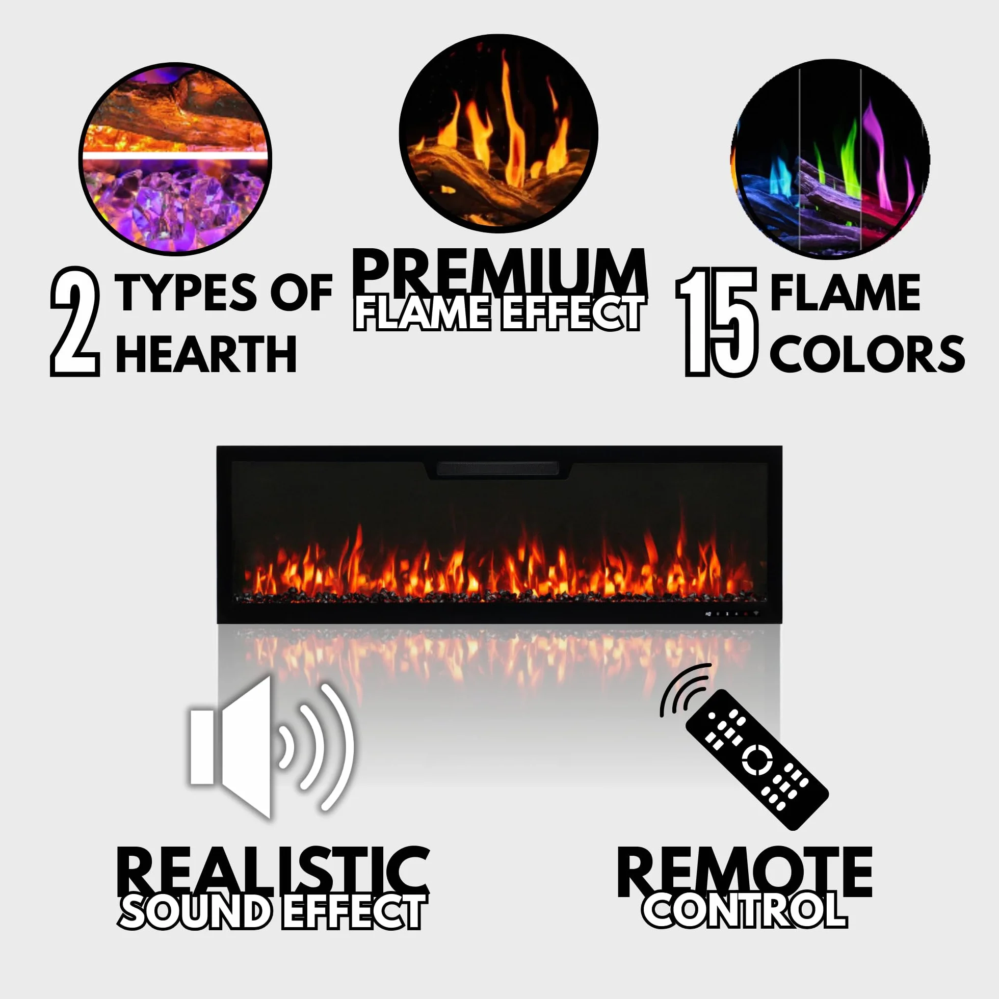 AFLAMO Chimenea Eléctrica LED Elite 153, Montaje en Pared, Efecto de Llama Multicolor, con Sonido y Calefacción (153x45x13)