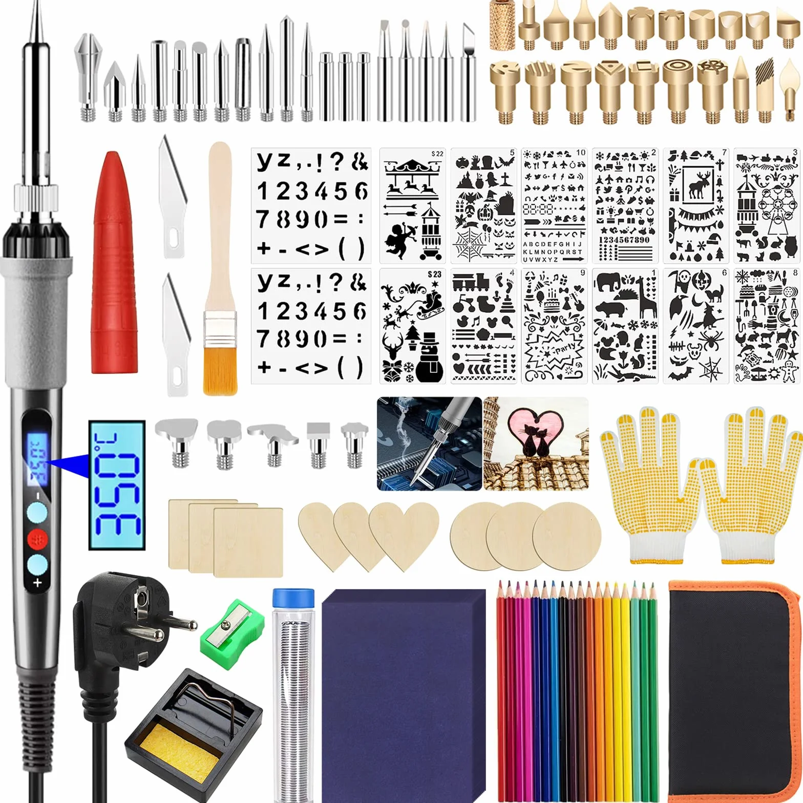 80W Kit Pirograbador de Madera,108pcs Kit Pirograbdores Electrico,Kit del Soldador Temperatura Regulable(200-480℃),Kit de Soldadura de Madera para Manualidades Madera,Cuero,Grabado