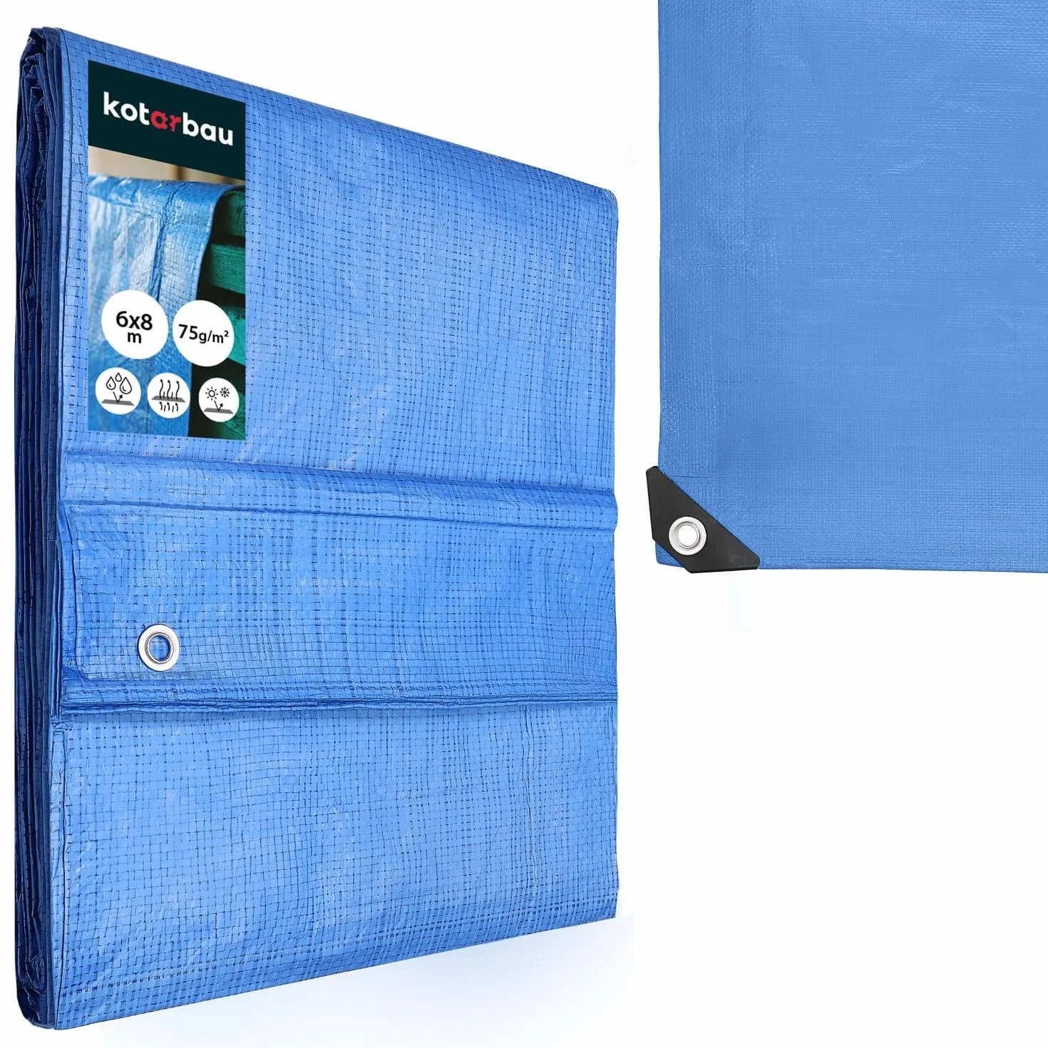 KOTARBAU® Lona Impermeable Exterior - Polietileno - 6x8 m - Azul - 75 g/m2 - Lona Suelo Piscina - Cubierta Reforzada con Ojales - Cubierta de Protección para Jardín - Resistente - Universal