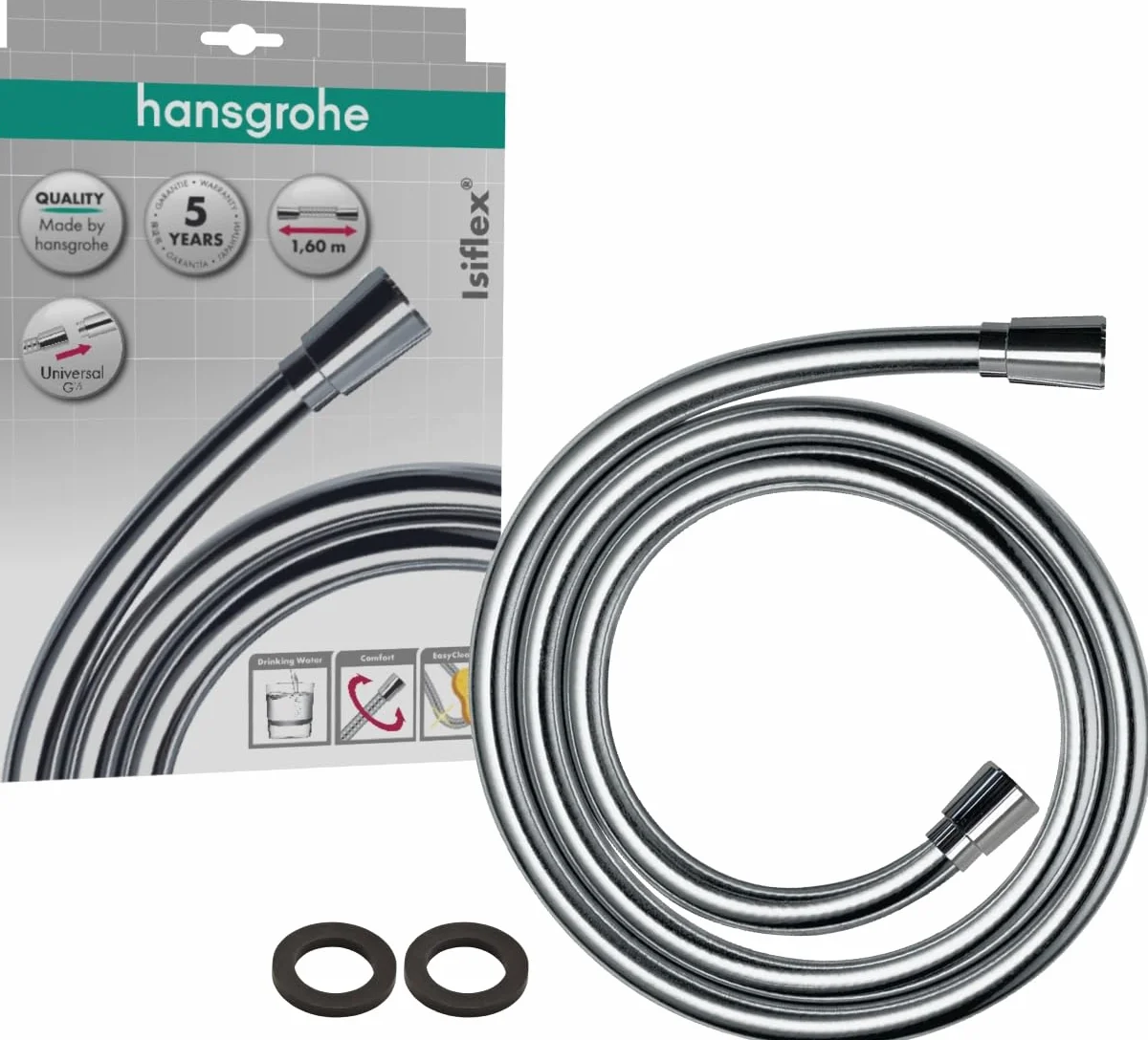 hansgrohe Isiflex - flexo de ducha universal 1,60 m, sistema anti-torsión, manguera de ducha flexible y resistente a las torceduras, incl. juntas, cromo, 28276000