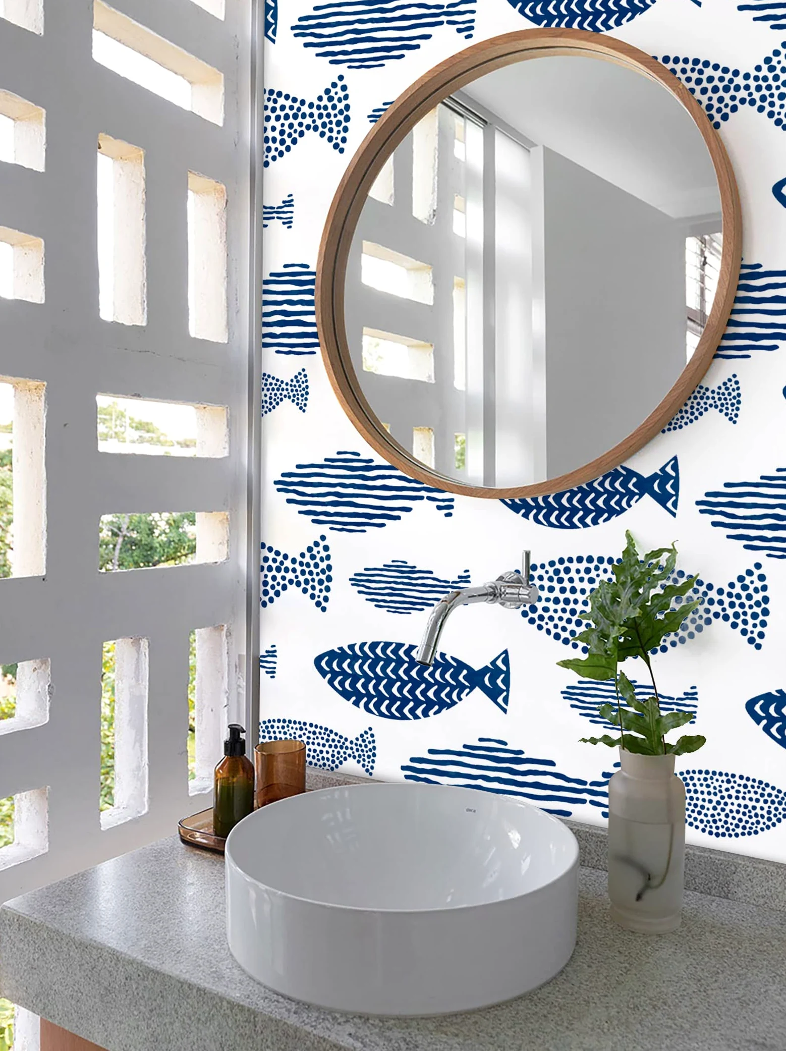 Papel Pintado Peces, 44.5 x 1000 cm Papel Pintado Trellis de peces del mundo submarino abstracto Indigo Blue Vinilo Adhesivo para Muebles,Libreria,Sala de Estar, Dormitorio,Baño,Cocina