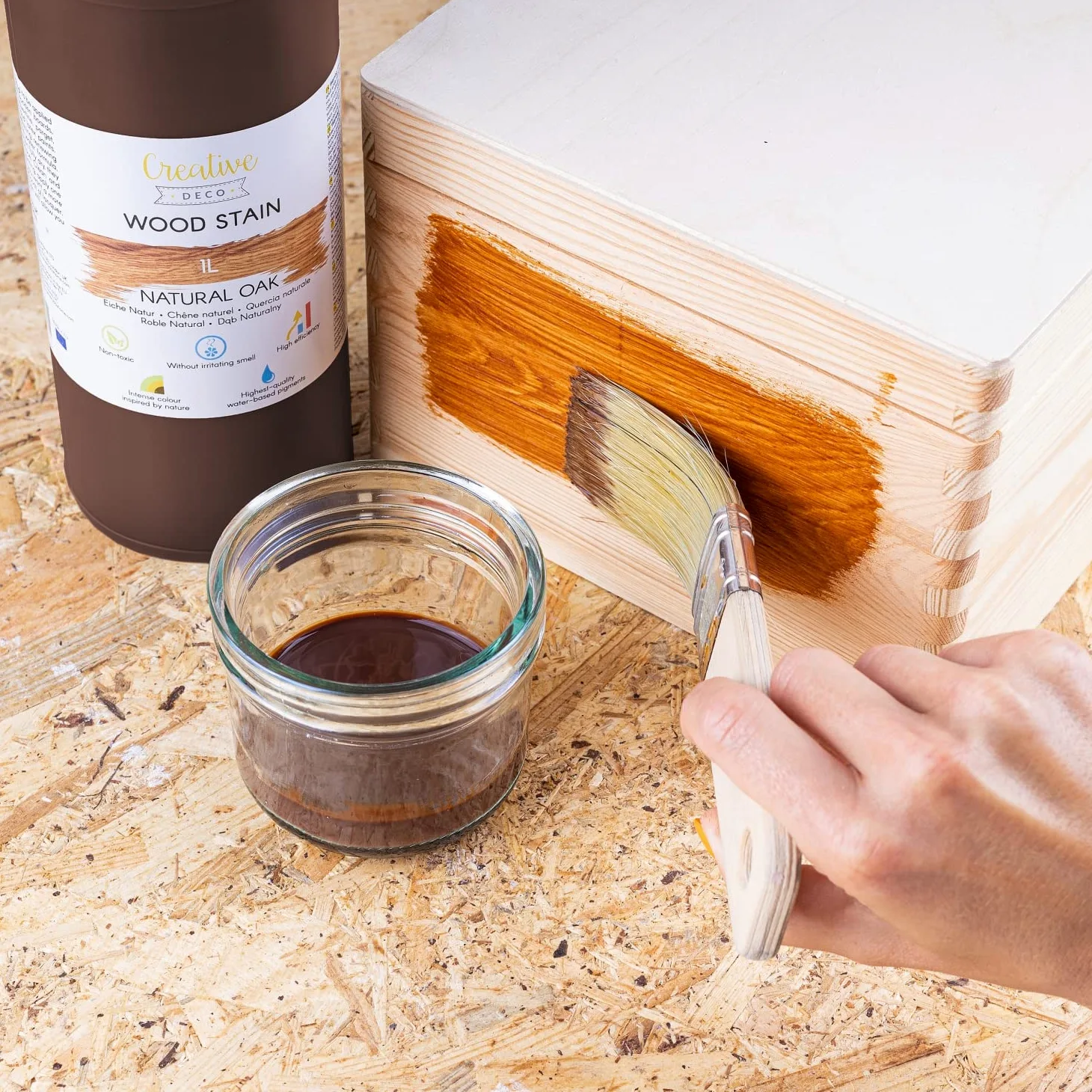 Creative Deco 1L Barniz Madera Interior Tinte al Agua | Color Roble Natural | 1L | Secado Rápido | No Tóxico | Para Paneles de Madera, Parquet, Hormigón, Ladrillo, Papel Pintado y Más | Alta Eficacia