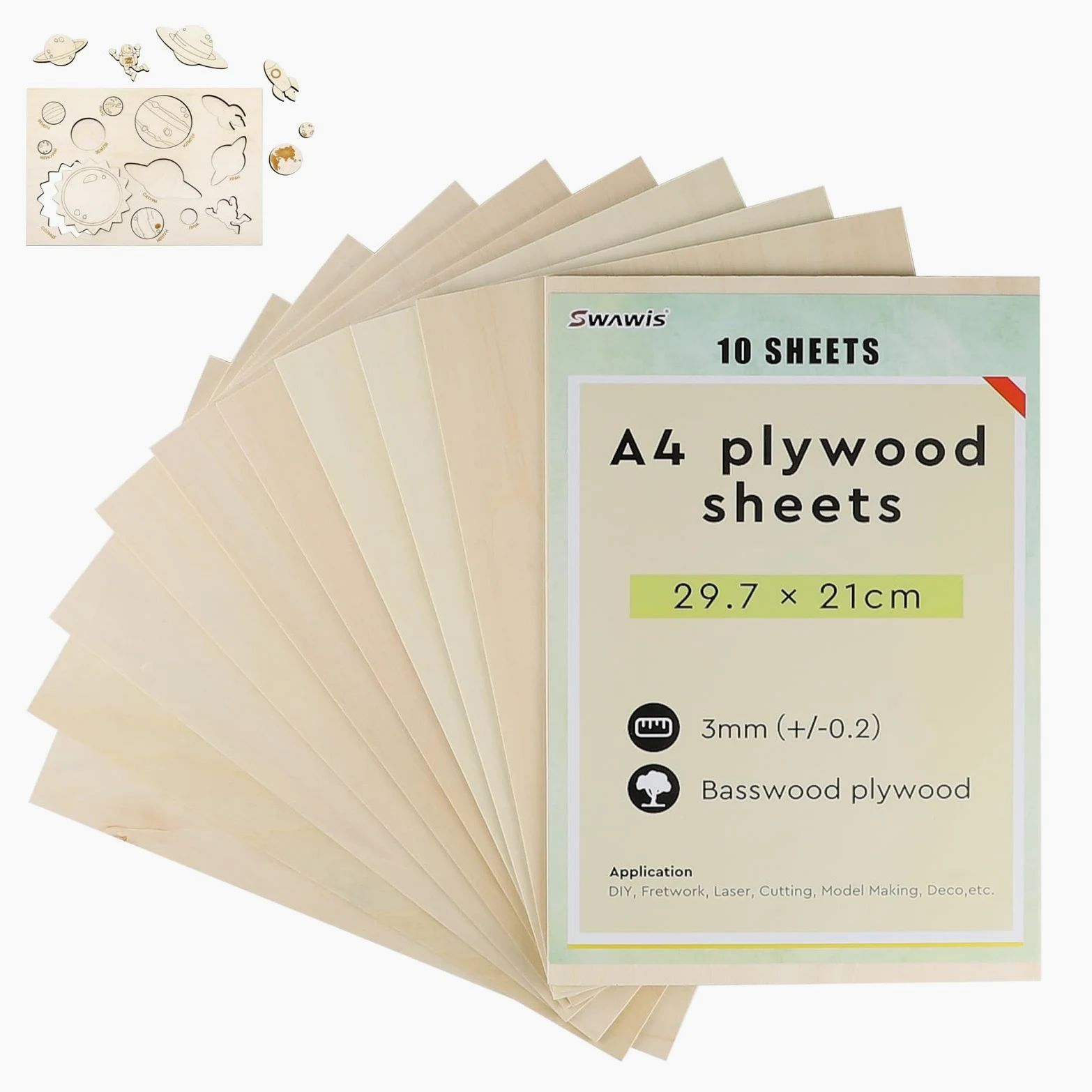 SWAWIS 10 Piezas A4 Maderas para Bricolaje, 300 * 210mm Tablero Madera, Tablero Contrachapado 3mm, Basswood Contrachapado Para Corte por Laser Modelado Pintura Pirograbado
