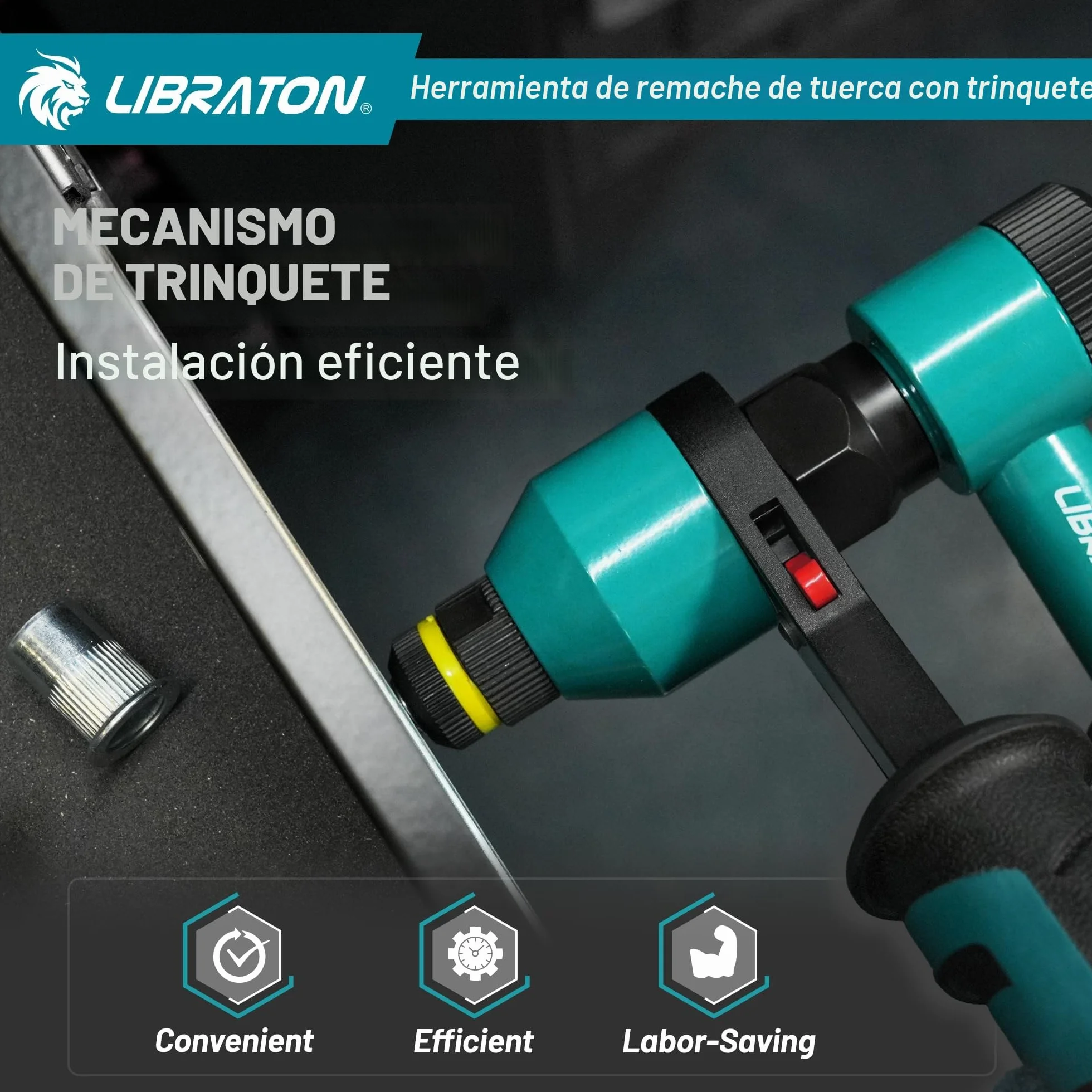 LIBRATON Remachadora de Tuercas, Remachadora de Tuercas Profesional con Trinquete, Pistola de Remachadora Manual con 5 Mandriles Métricos, 5 Boquilla de Tuerca, 50 Piezas Tuercas Remachables, Caja