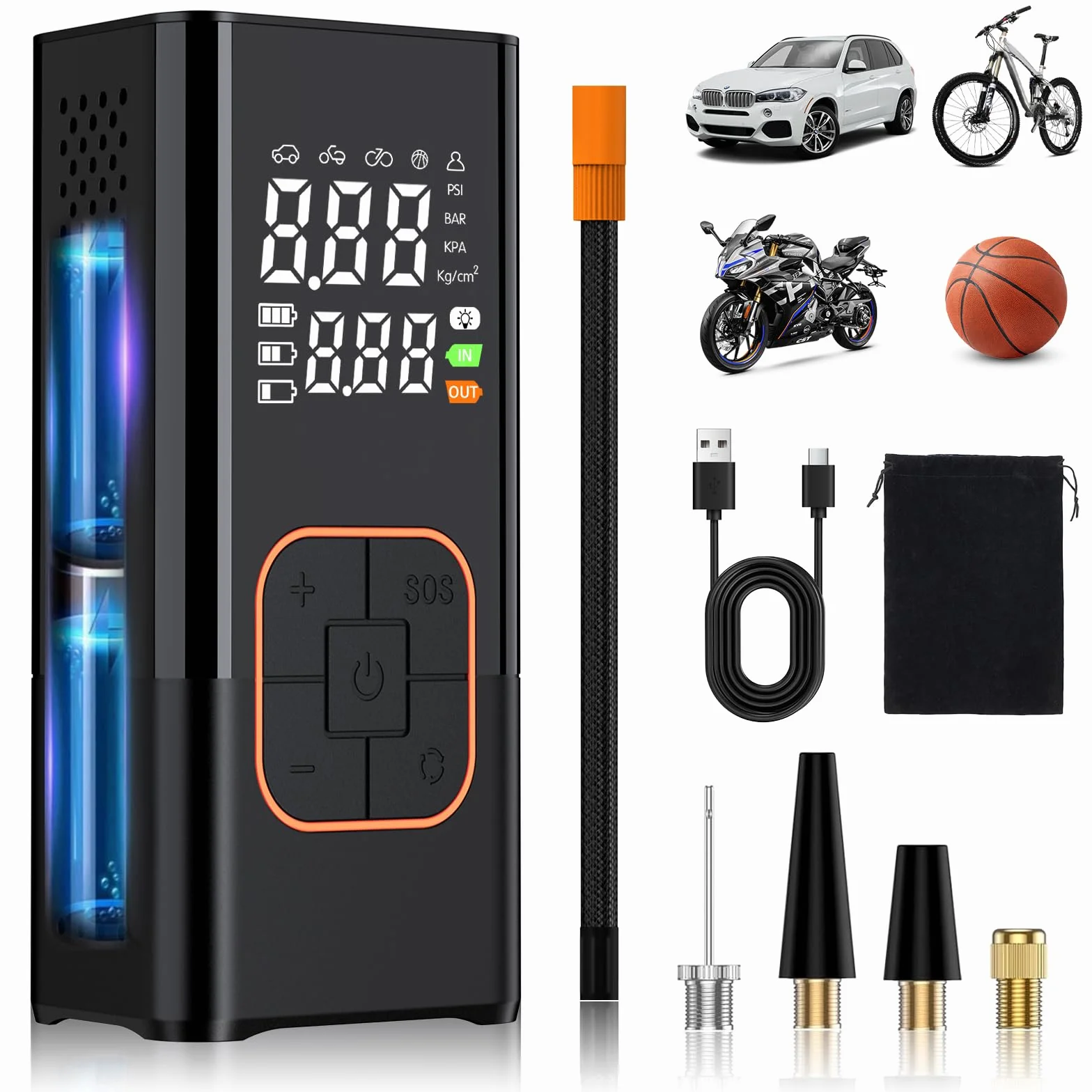 Compresor de Aire Portátil para Neumáticos 150 PSI 7.4V – Bomba de Aire Inalámbrica Digital con Batería 1800mAh×2, Presión Preestablecida, Luz LED para Coche Moto Bicicleta Balones Viajes
