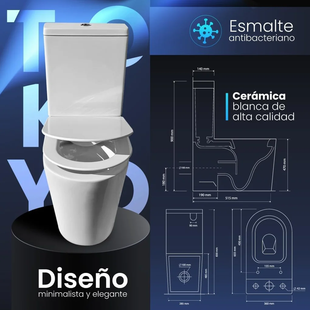 Inodoro Adaptado para Personas con Movilidad Reducida - WC con Sistema Rimless Antibacterias - Váter Ergonómico con Tapa UF Amortiguada y Altura Accesible - Salida Dual Eficiente