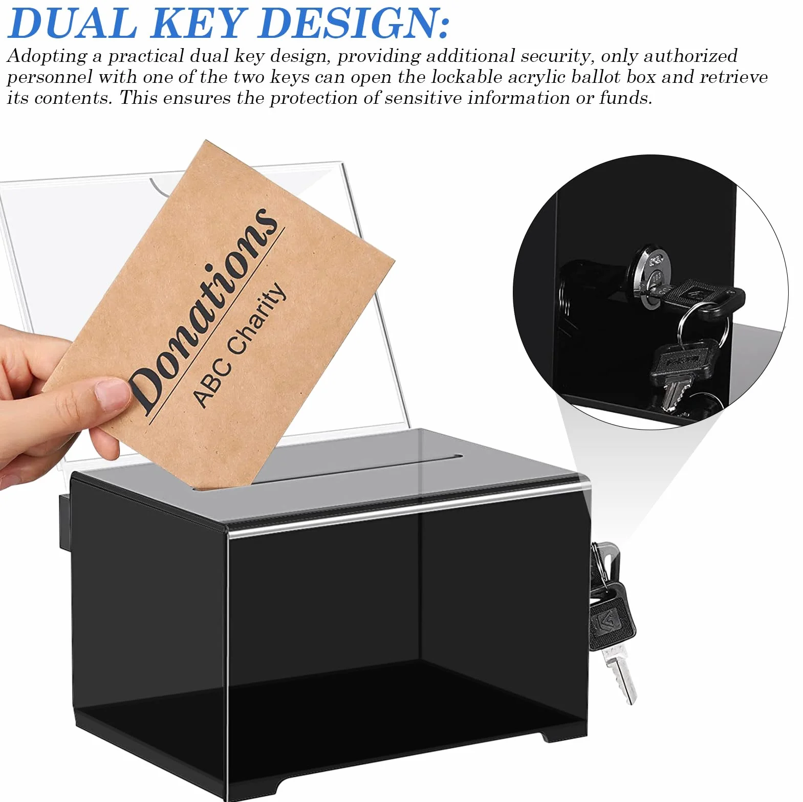 Caja de Donación de Acrílico: Urna de Acrílico con Cerradura, Caja de Donación con Llave, Urna con Soporte para Carteles, Caja de Donación para Comentarios, 155 x 109 x 96 mm, Negro