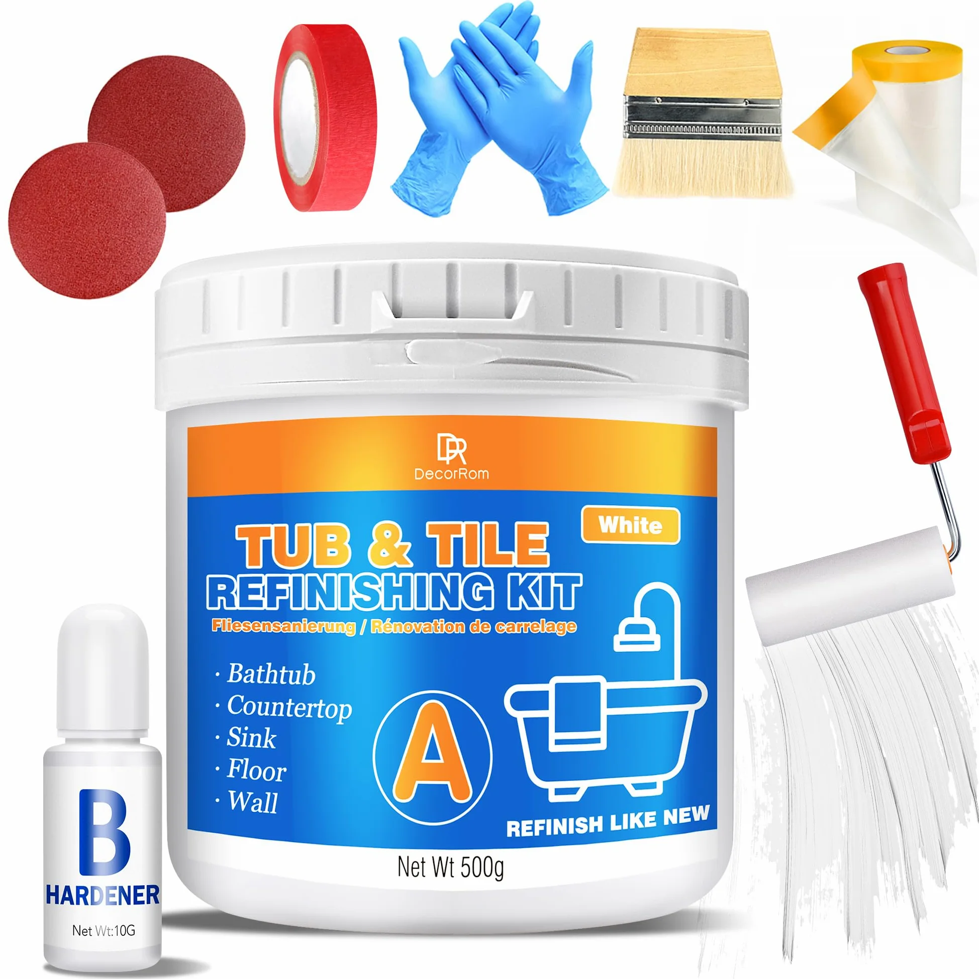 Pintura para bañera blanca de 500g, pintura para azulejos, azulejos de baño, plato de ducha kit de renovación de bañera y lavabo, baño impermeable y resistente a los arañazos con herramientas