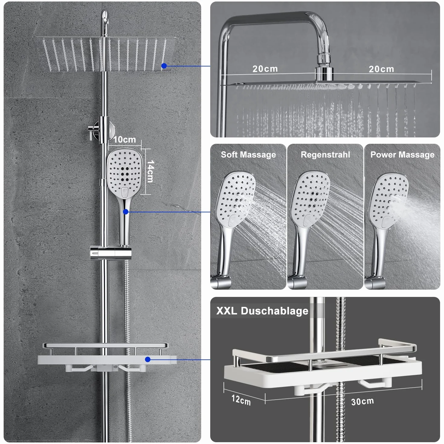 JOHO Columna de Ducha Acero INOX sin Grifo Termostático, Conjunto Ducha con Barra Altura Ajustable, Cabezal Lluvia 20x20 cm, Cromo