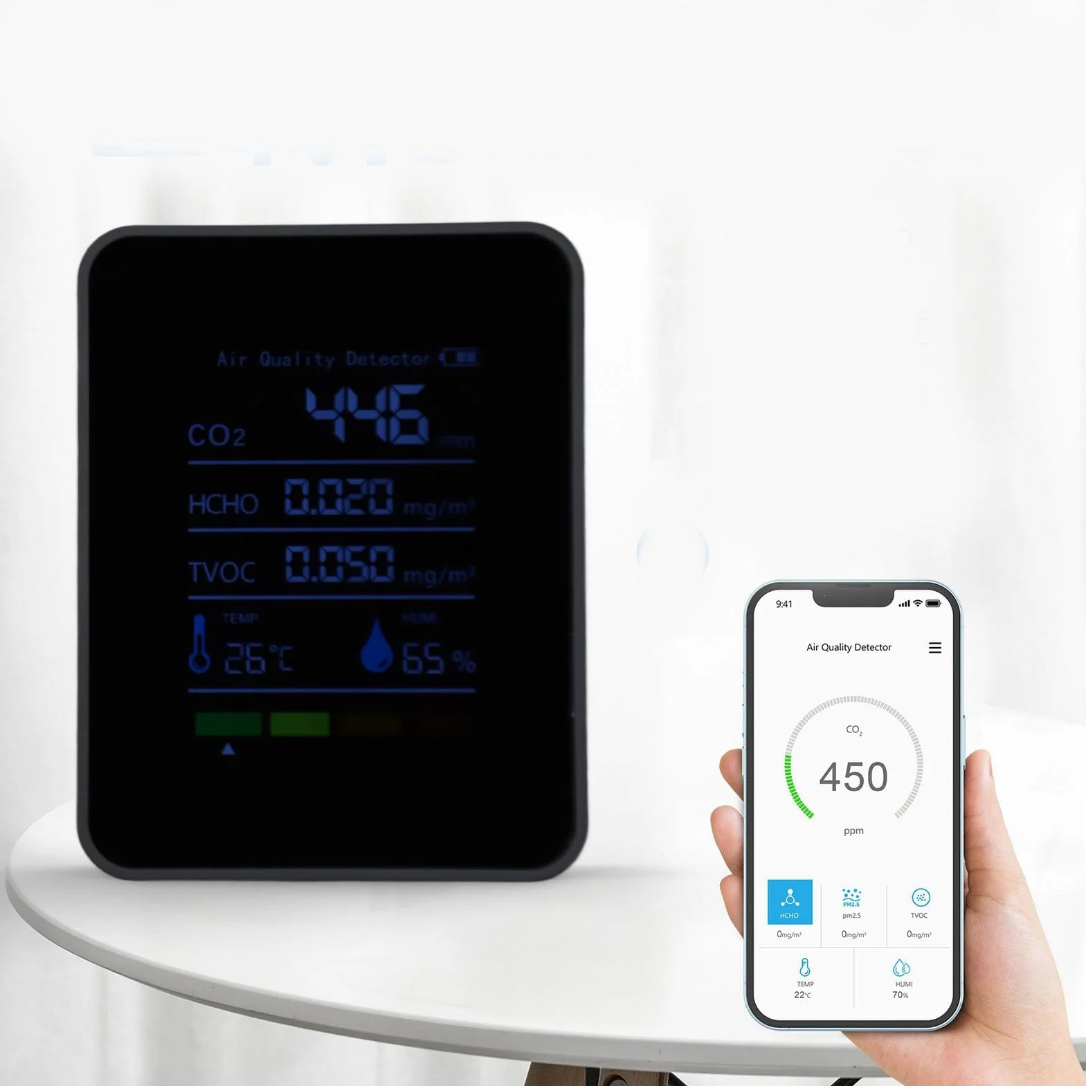 CO2 Monitor de Calidad del Aire Interior HCHO TVOC 5 en 1 con Batería para Viaje Casa y Coche Temp Humi