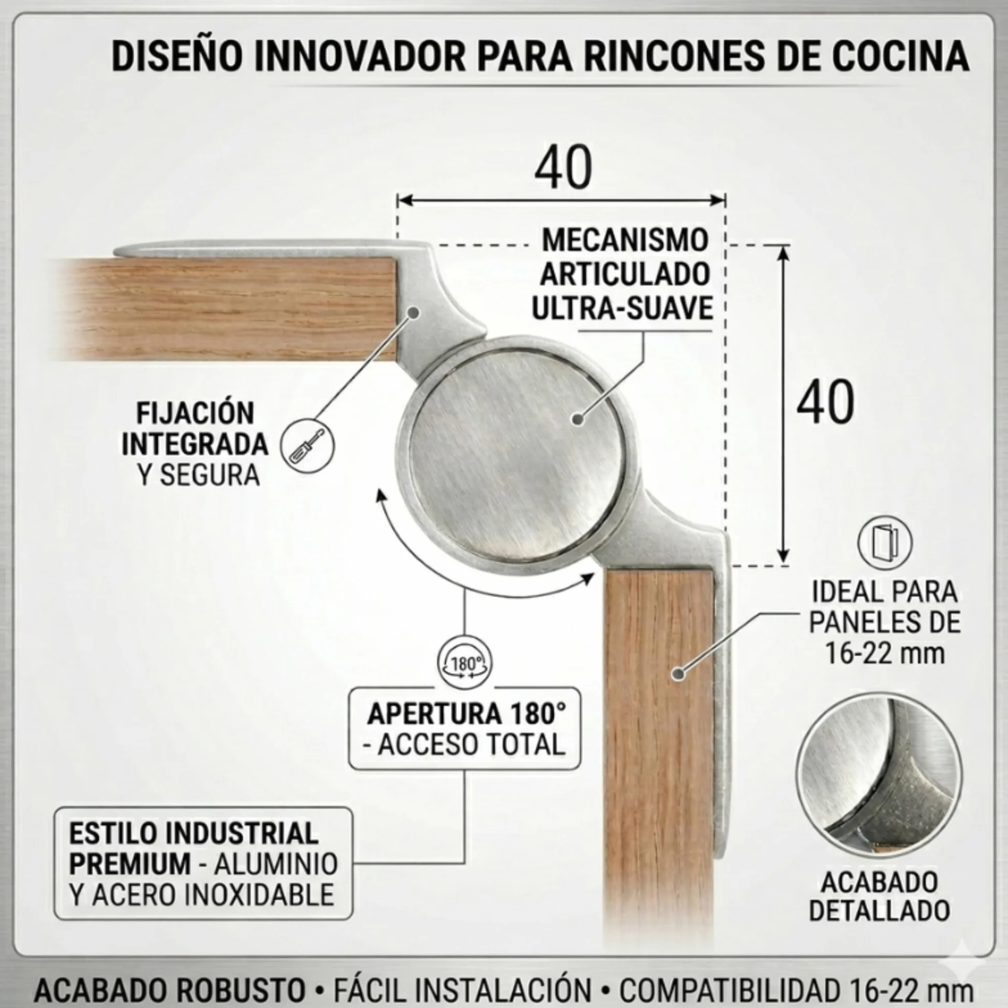 Bisagra Movi-Corner para Muebles de Rincón 70 cm-90 cm Inox Brillante