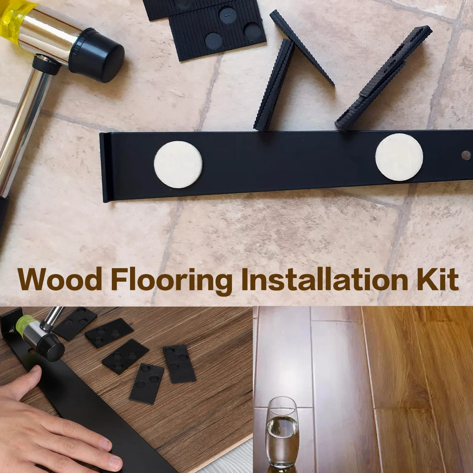 Kit de instalación de suelos de madera laminada, kit de reparación de suelos, herramienta de montaje de suelos de tablones con 40 espaciadores, barra de tracción, bloque de roscado sólido, mazo
