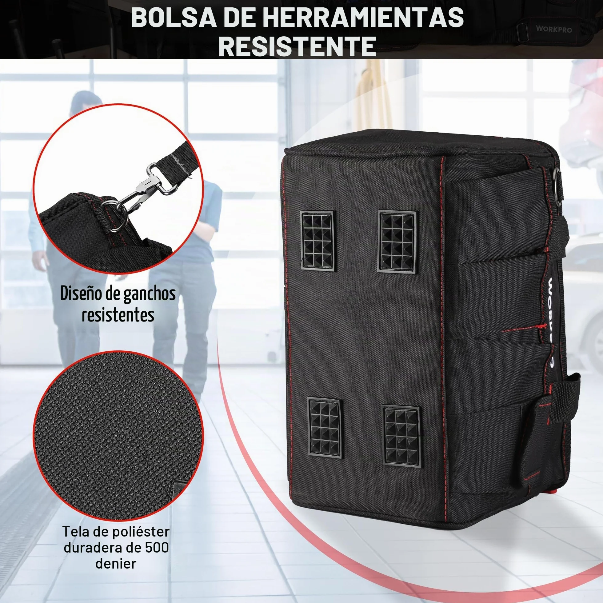 WORKPRO W081021A Bolsa de herramientas, bolsa de almacenamiento de boca ancha multiusos, 14 pulgadas, azul, negro
