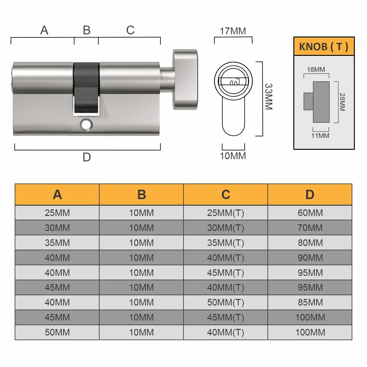 Bwintech 2 pieza 35T/35mm Euro Latón Cilindro, 70mm Thumbturn/Key Barrel Lock con 10 llaves horizontales de latón, tiene antirrobo, antiperforación, antigolpes, antigolpes, níquel satinado