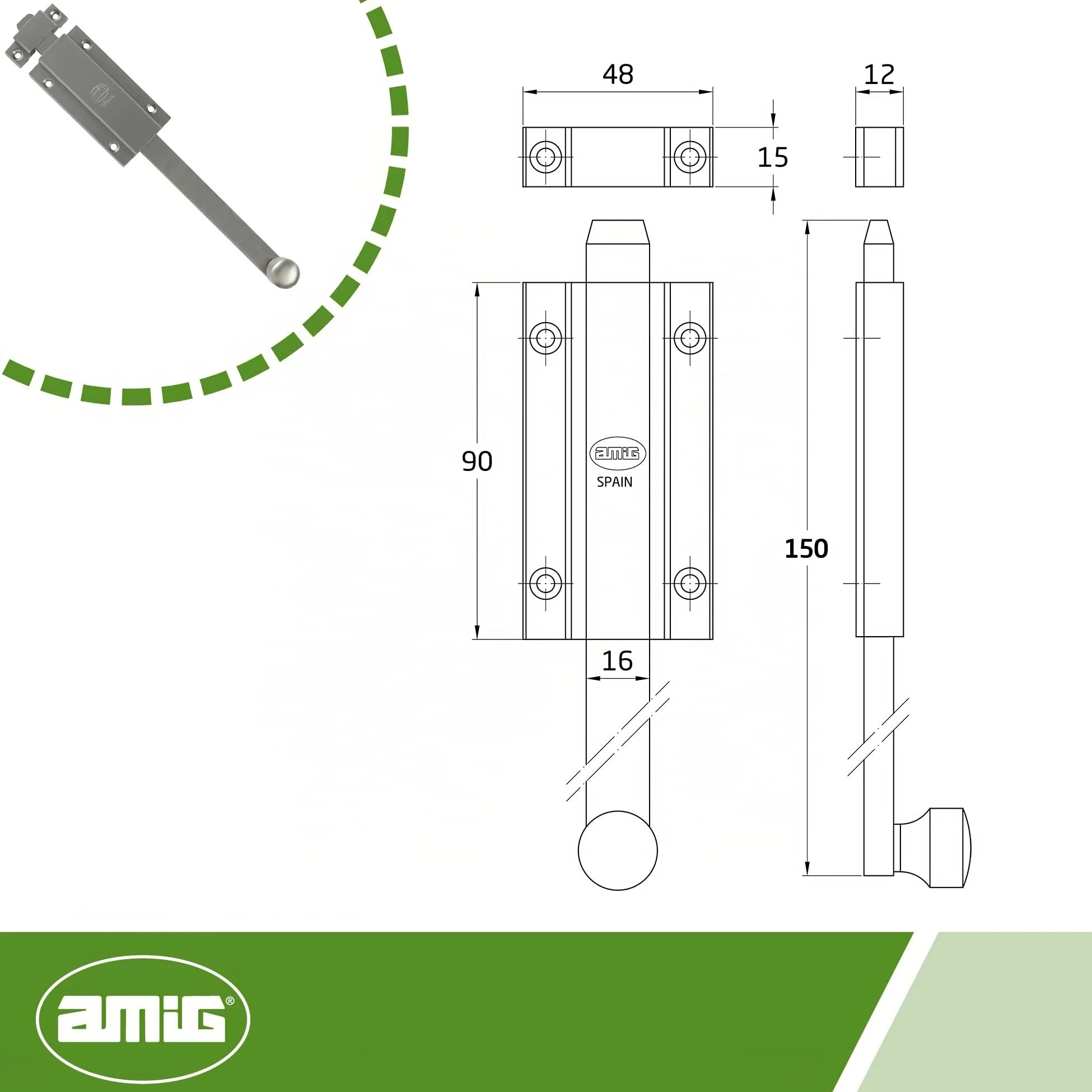 Amig - Pasador de Sobreponer para Puertas Mod.3700 - Pestillo de Seguridad Plateado para Colocar Horizontal o Vertical - De Latón Acabado en Cromado Mate - Medidas: 150 x 48 mm - Incluye Tornillos