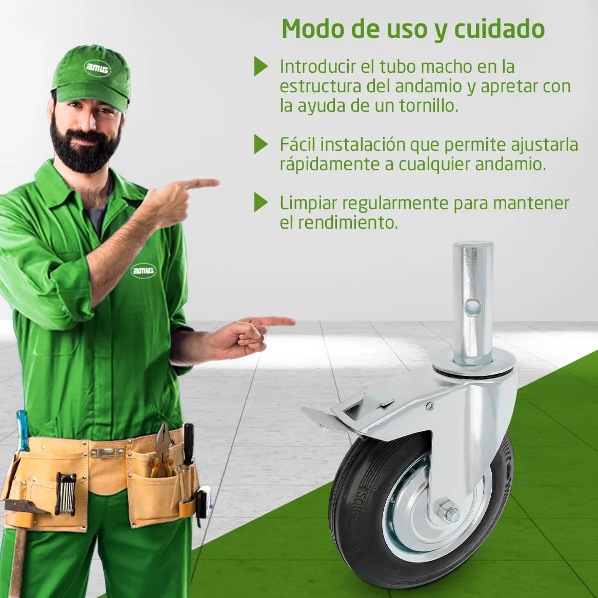 Amig - Rueda Andamio Macho con Freno - Ø200 mm - Núcleo Metálico y Banda de Goma - Rodamientos de Rodillos - Soporta 200 kg - Ideal para Andamios y Suelos Interiores/Exteriores - Ruedas Giratorias