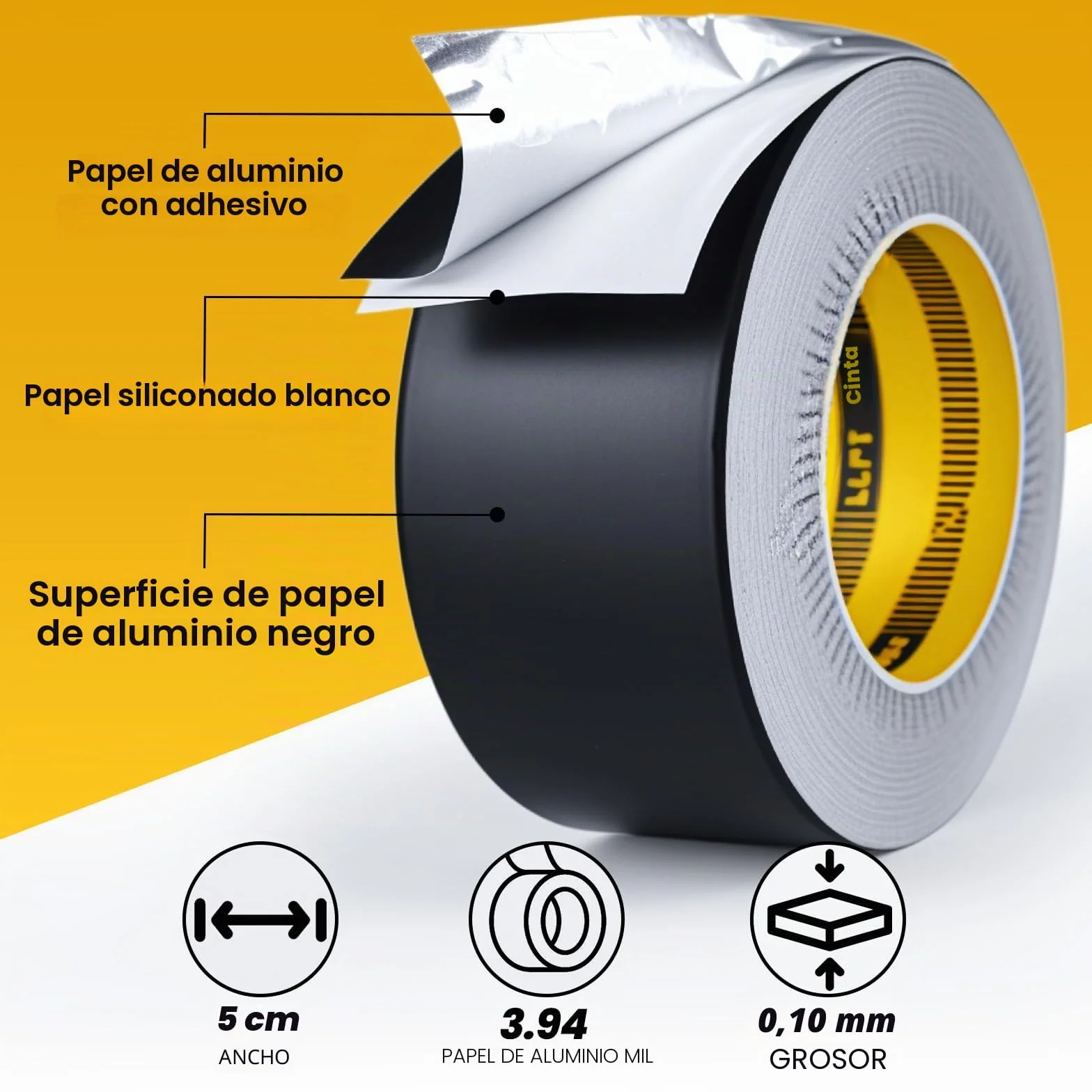 LLPT Cinta de Aluminio | Negro | 5cm x 20m | Adhesivo de Alta Temperatura | Trabajo Pesado Sellado de HVAC Cinta | para Conductos de Aire Frío y Caliente para Reparación de Tuberías de Metal (BF065)