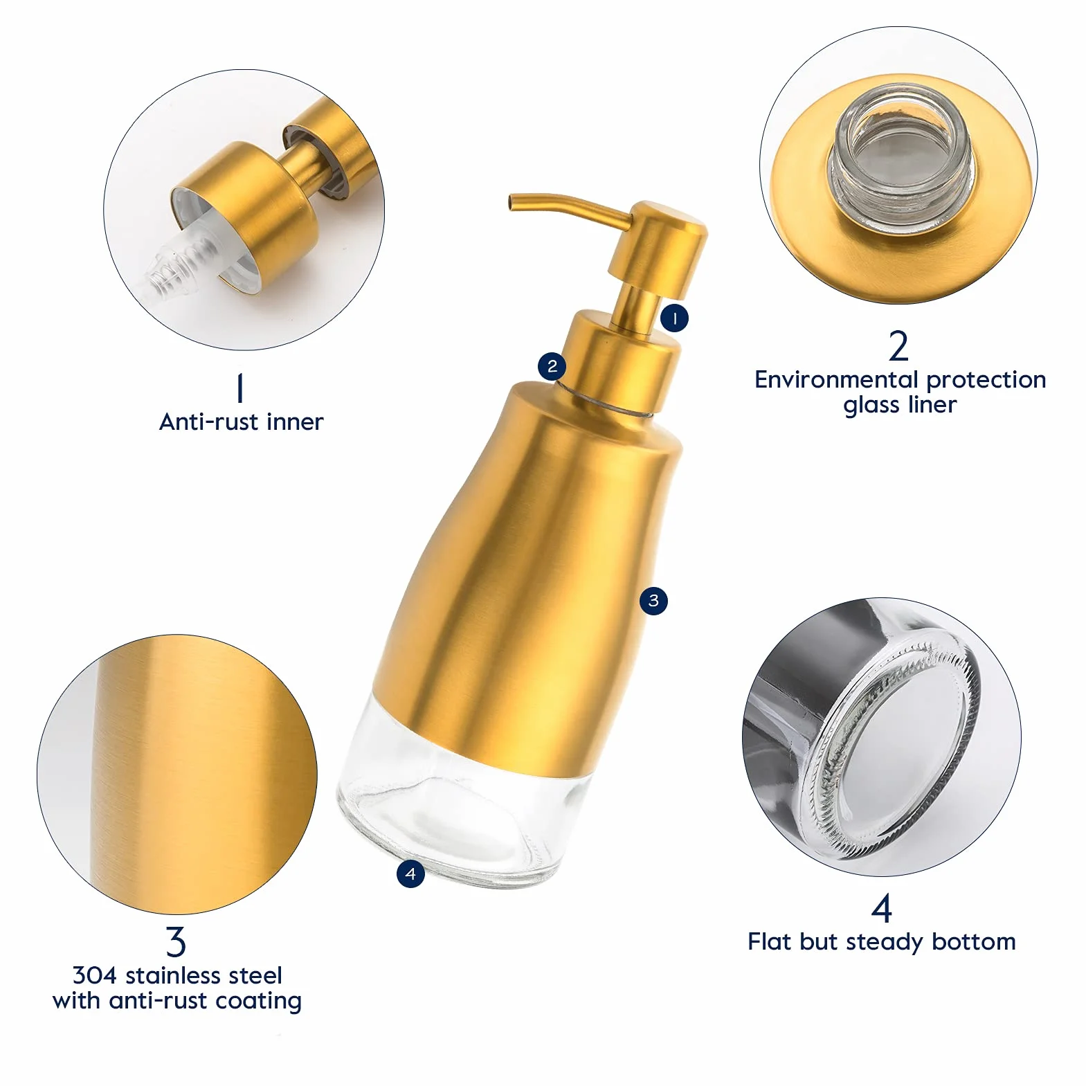 Gaussra Dispensador de jabón con posavasos y calcomanías, dispensador de bomba de mano de vidrio de acero inoxidable dorado cepillado, botella antioxidante, para botella de detergente de cocina y baño