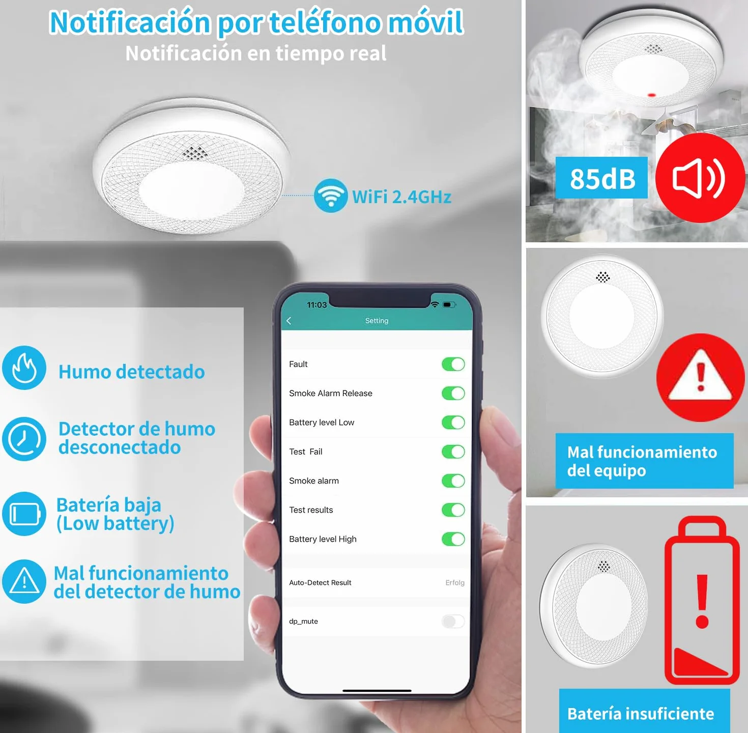 Detector de Humo Inteligente Wi-Fi 2 Piezas EN 14604 Batería 10 Años App Tuya/Smart Life