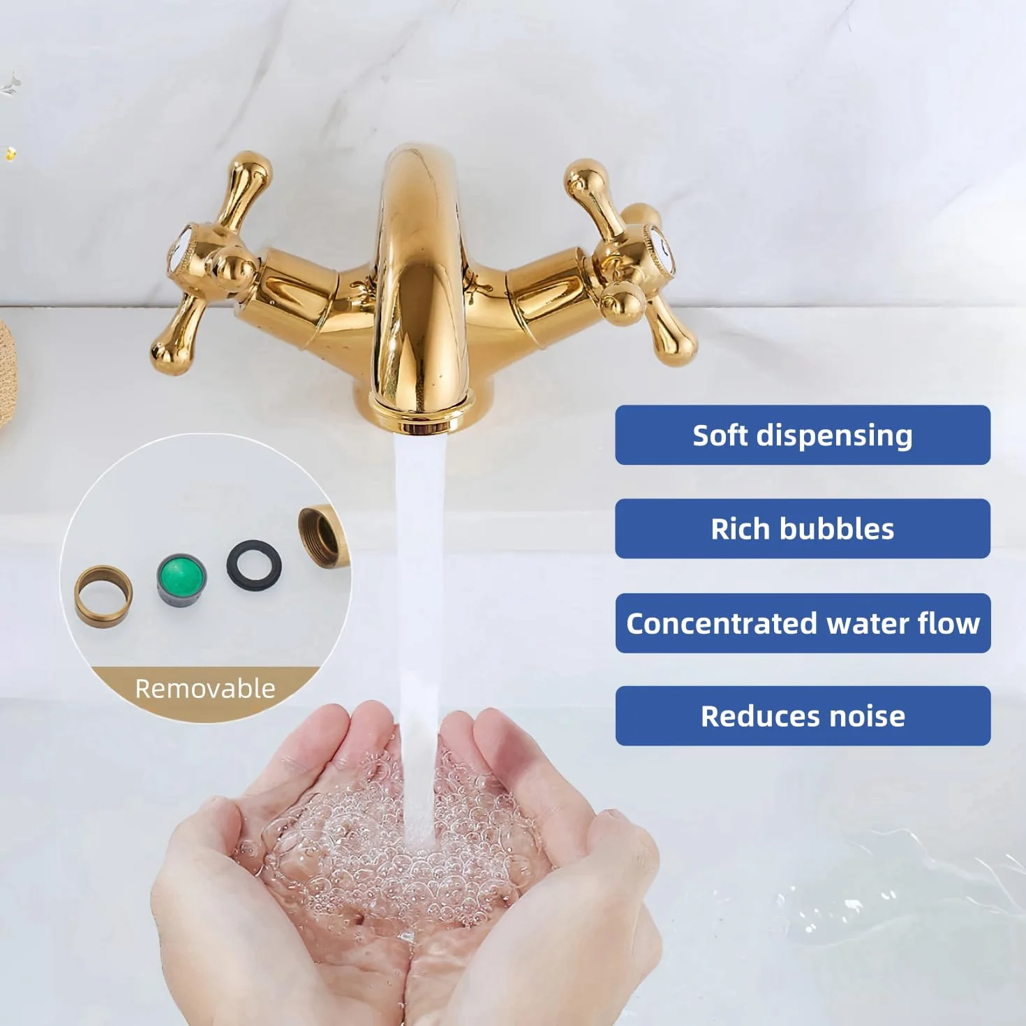 Grifo de Lavabo Latón Dorado, Grifo Baño Dos Manijas, Grifo Mezclador Baño Fregadero, Grifería de Lavabo Agua Fría y Caliente con Tubo Flexible