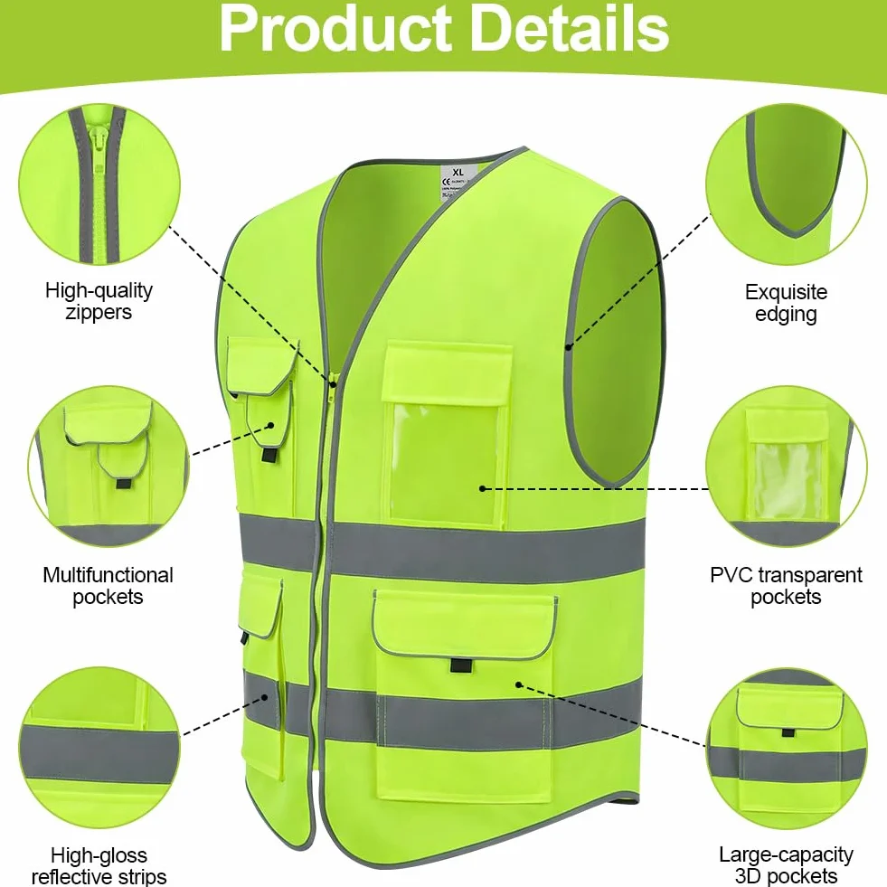Chaleco de Seguridad Reflectante, Chaleco de Seguridad de Alta Visibilidad, Chaqueta de Chaleco Cremallera Brace Seguridad Teléfono Móvil Titular de Id de Bolsillo