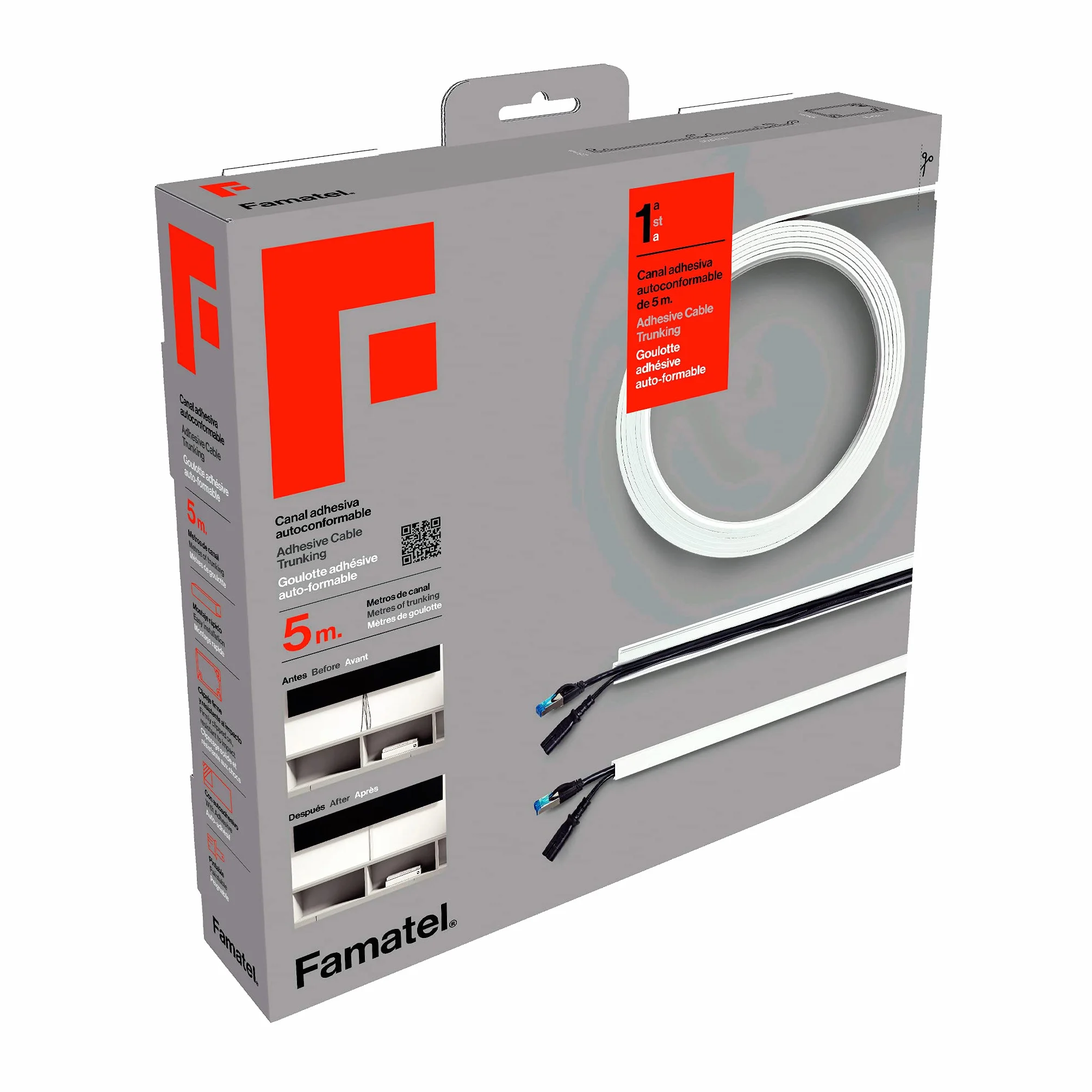 FAMATEL – Canaleta Cables Adhesiva | 5 Metros | 10 x 16 mm | Novedad - Formato Enrollable | Rectangular | Fácil Montaje con Autoadhesivo | Canaleta para cableado | Blanco