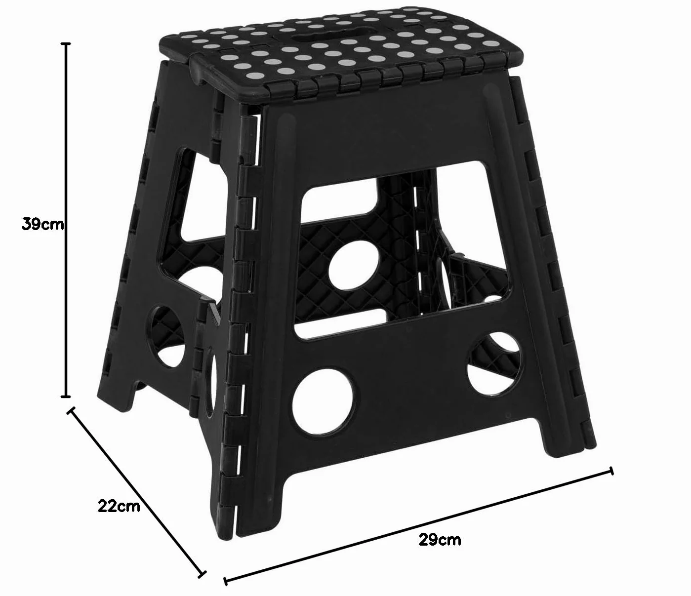 5five - Taburete Plegable de plástico, Negro, 1 peldaño, 39 cm, Cierre de Seguridad, fácil Almacenamiento, Revestimiento Antideslizante, Carga máxima 110 kg