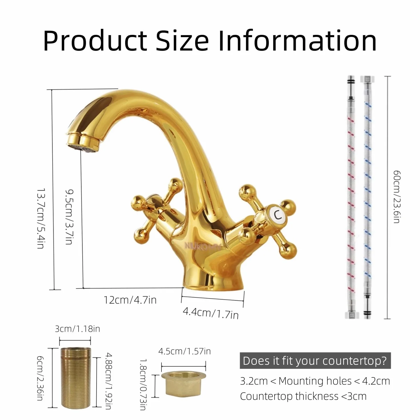Grifo de Lavabo Latón Dorado, Grifo Baño Dos Manijas, Grifo Mezclador Baño Fregadero, Grifería de Lavabo Agua Fría y Caliente con Tubo Flexible