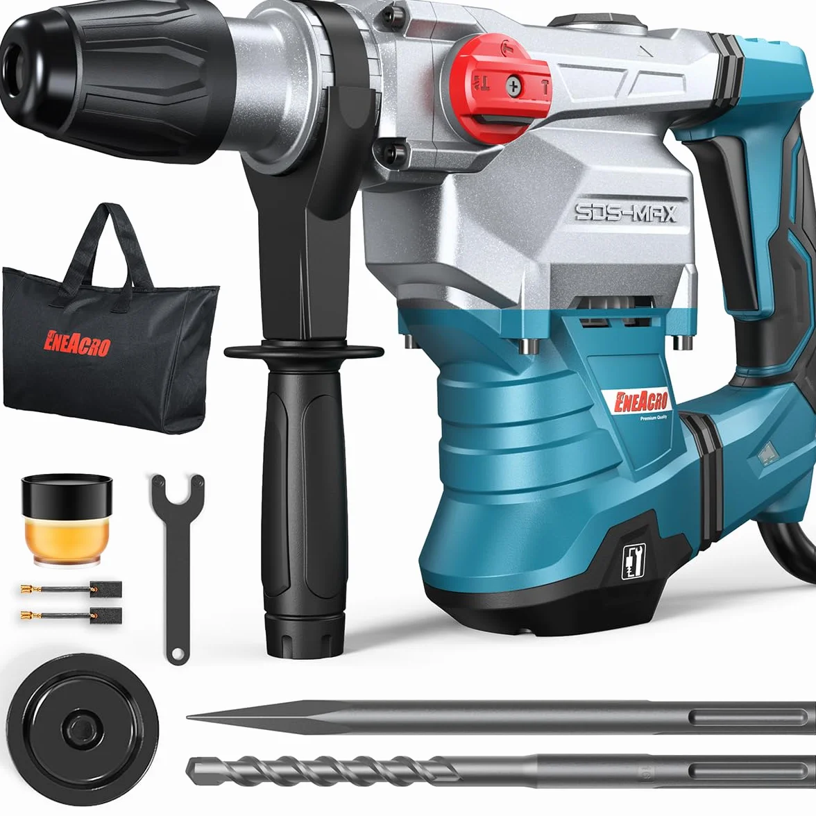 ENEACRO SDS-MAX Martillo Perforador, 1500 W 12J Martillo Demoledor con 3 funciones, empuñadura antivibraciones y embrague de seguridad, capacidad de perforación de 40 mm en hormigón