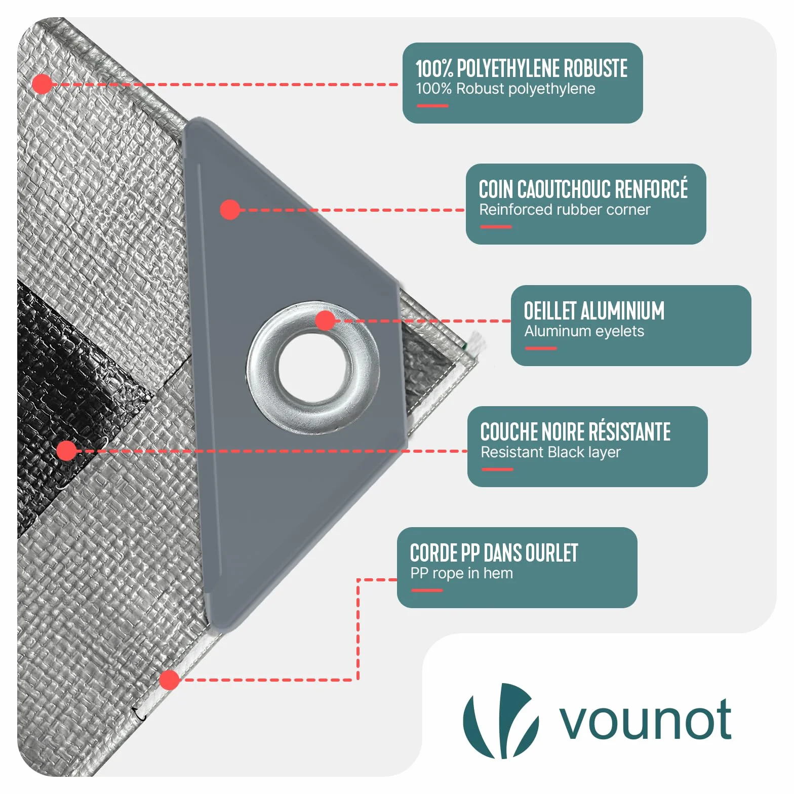 VOUNOT® Lona Impermeable Exterior 3x4m, Toldo Reforzado PE 180 g/m² Protección UV, Ojales Acero Inoxidable, Gris-Negro