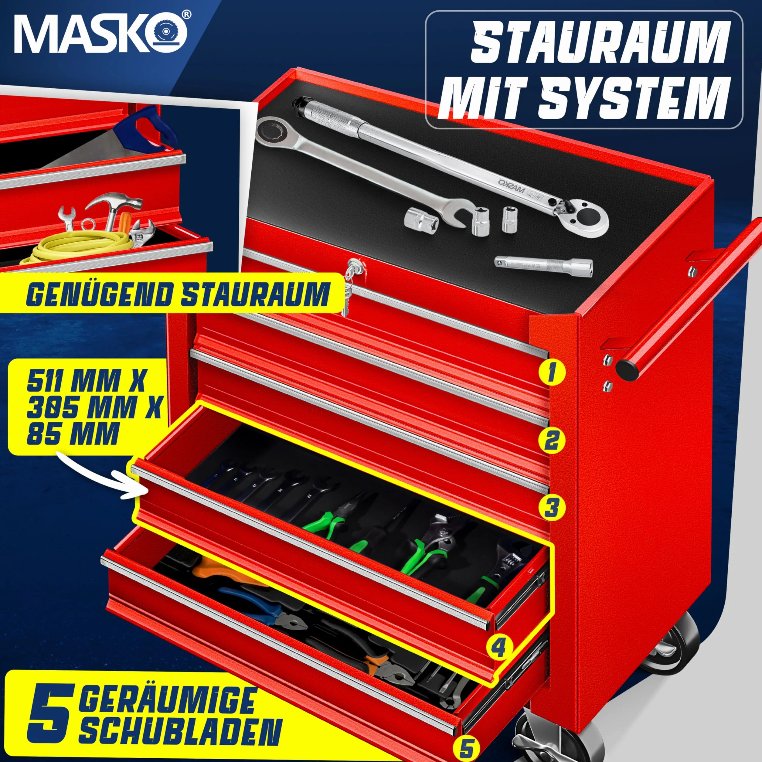 Masko Carro de taller con 5 cajones y cerradura, metal macizo, rojo, movible