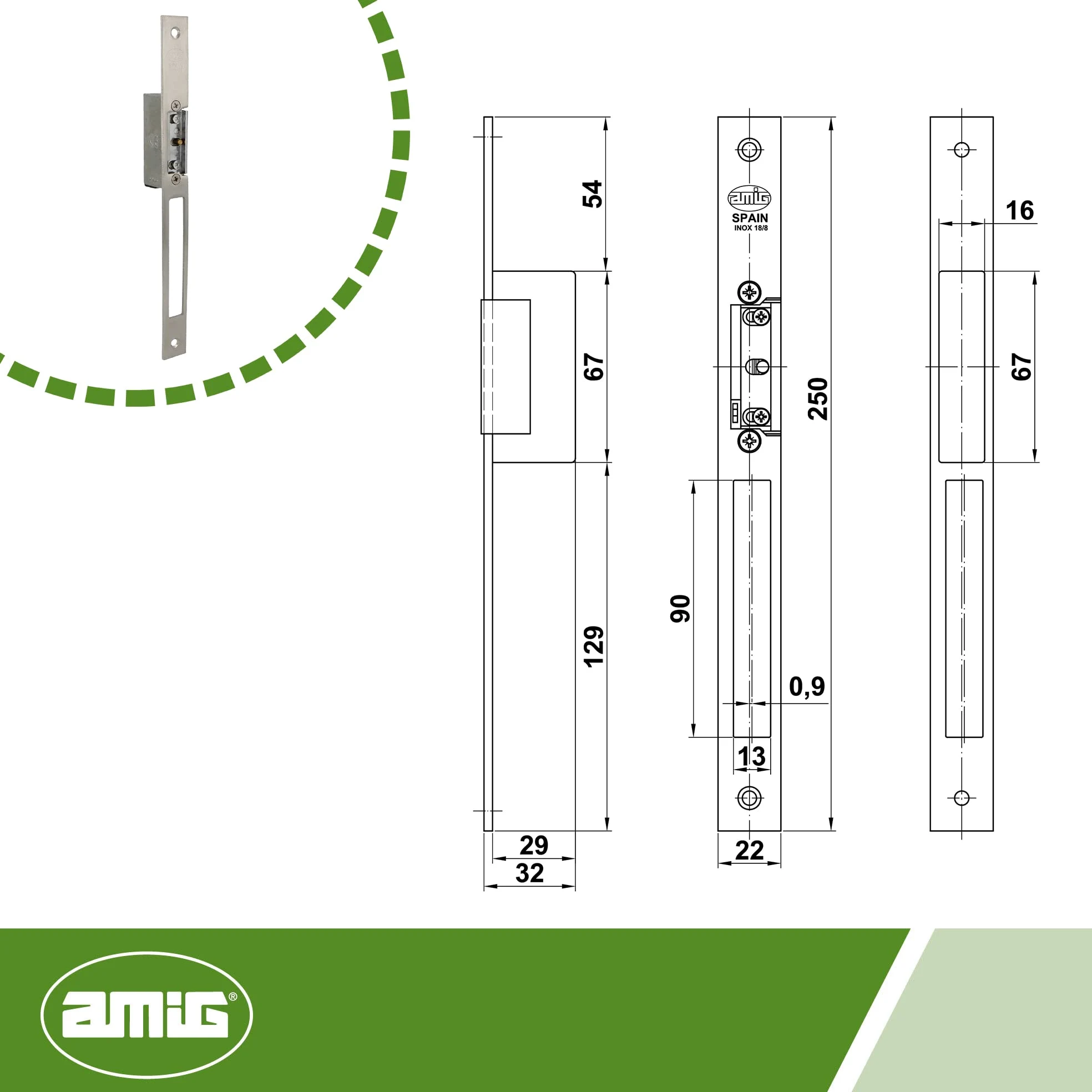 Amig - Abrepuertas Eléctrico de Embutir para Puertas,Plateado, Mod, 50, 250 x 22 x 3 mm, Amperaje: 1,1 A, Incluye Bobina de 8-12 V de Corriente Alterna, Cerradero para Portales, Tiendas u Oficinas