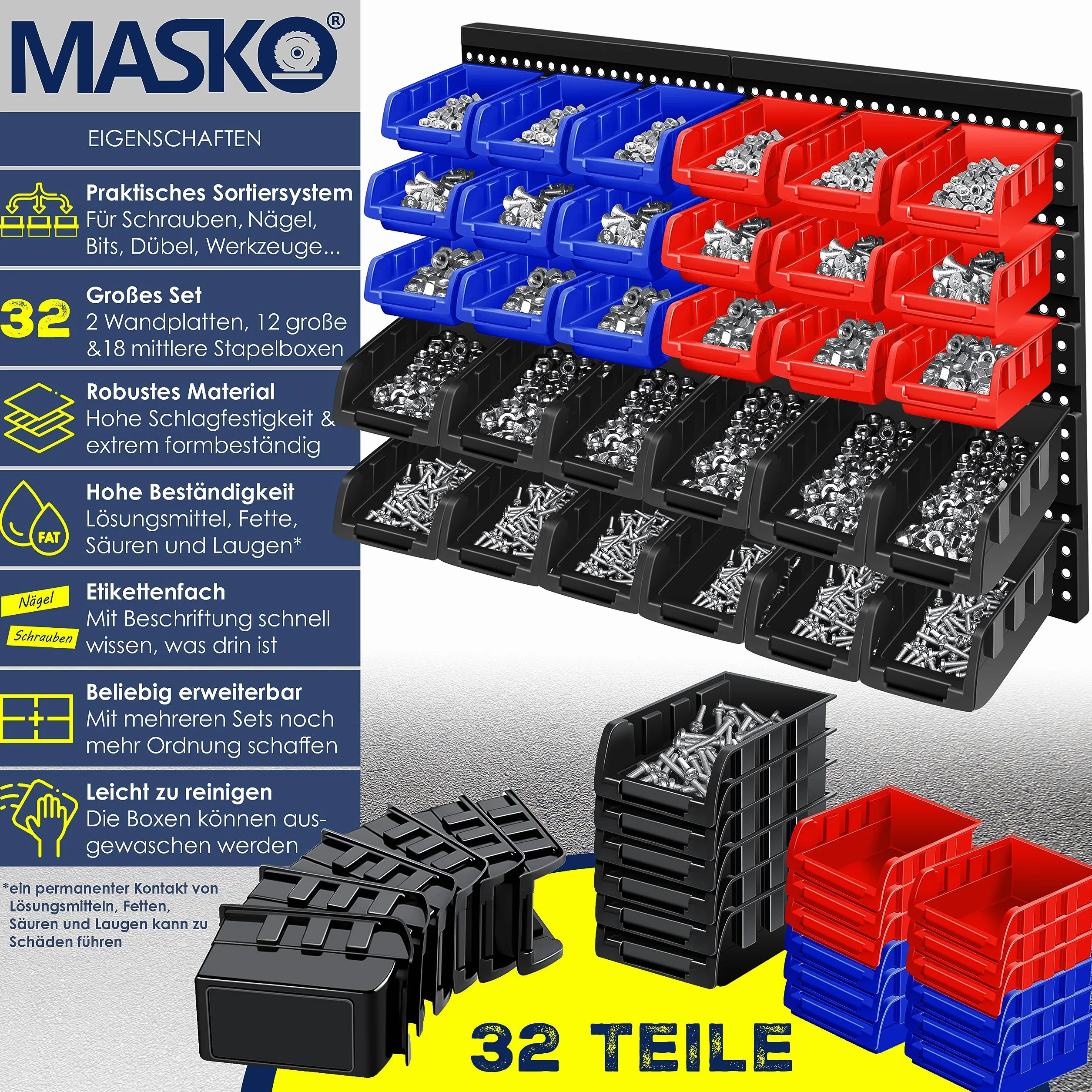 MASKO® Cajas Apilables, Estante de Pared, Cajas de Almacenamiento visibles, Estante Basculante, Estante Enchufable, 32 partes - Negro/Azul/Rojo