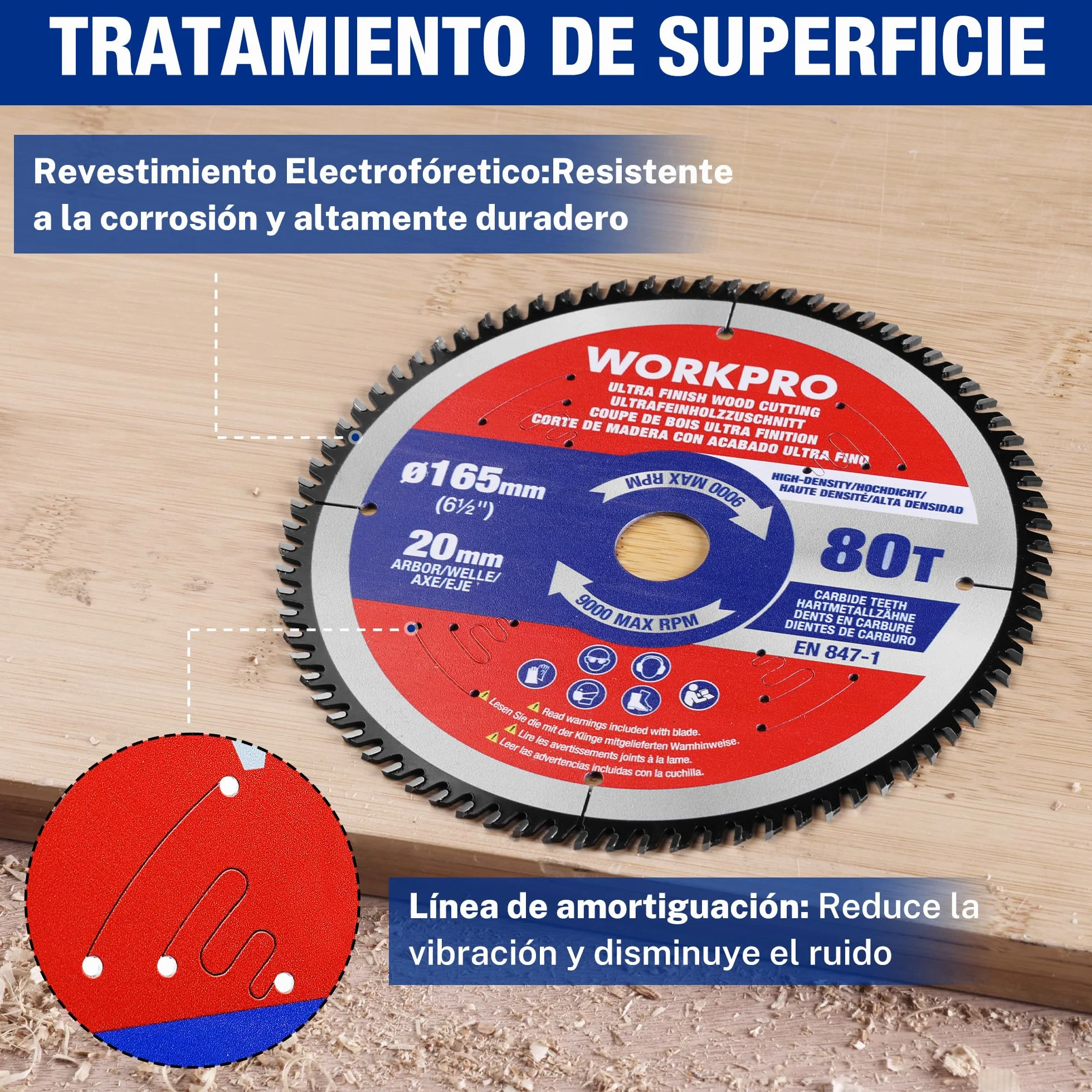 WORKPRO Sierra Circular 165 x 20 mm 80 dientes, TCT Disco de Corte para Madera, Madera Contrachapada, MDF, Paneles de Yeso, Laminado, Plástico